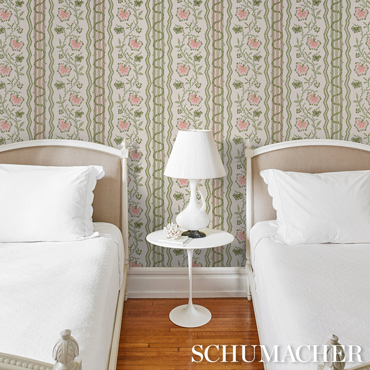 Parvati Floral Stripe Wallpaper in petal color - pattern number 5017330 - by Schumacher in the Williamsburg collection