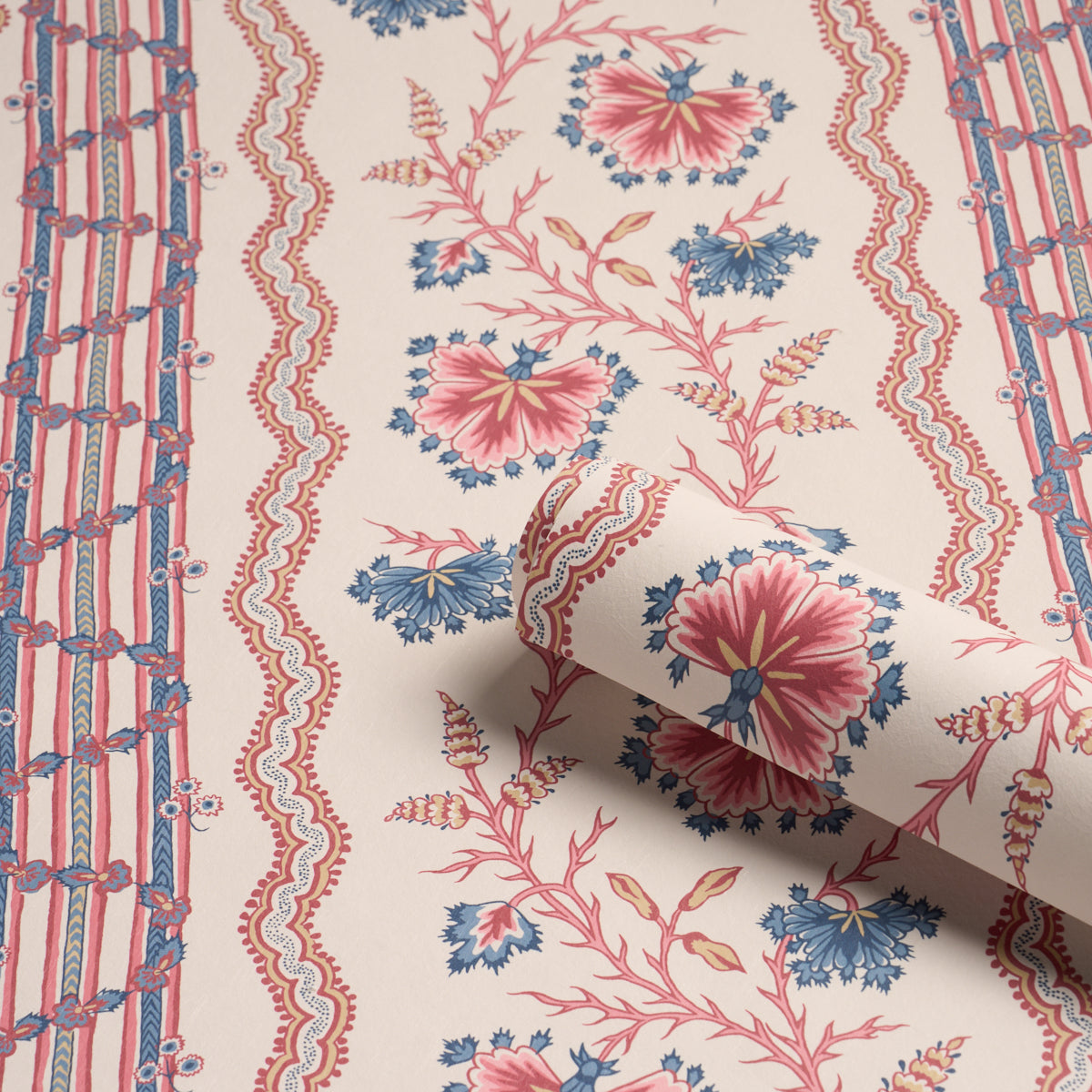 Parvati Floral Stripe Wallpaper in vermilion color - pattern number 5017331 - by Schumacher in the Williamsburg collection
