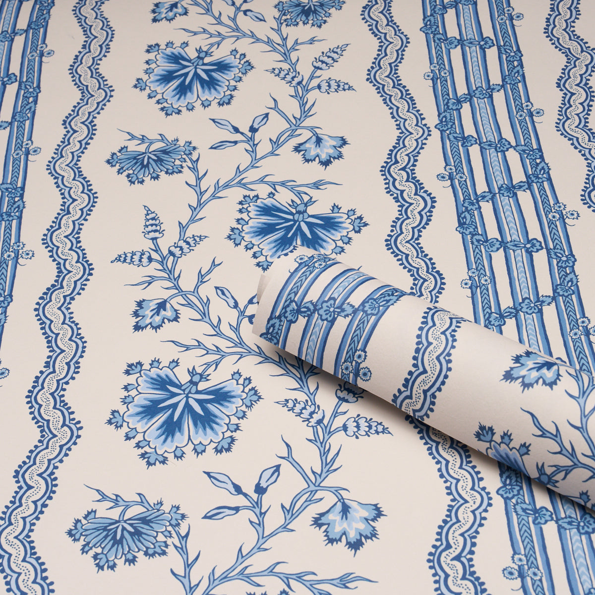 Parvati Floral Stripe Wallpaper in delft color - pattern number 5017332 - by Schumacher in the Williamsburg collection