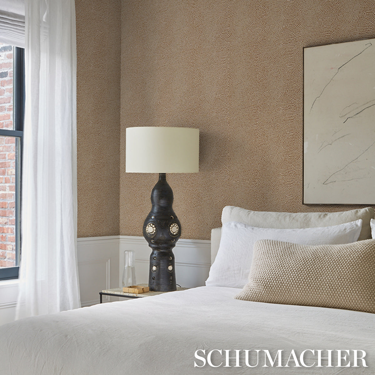 Snakeskin Vinyl Wallpaper in saddle color - pattern number 5017502 - by Schumacher in the Schumacher Utility collection