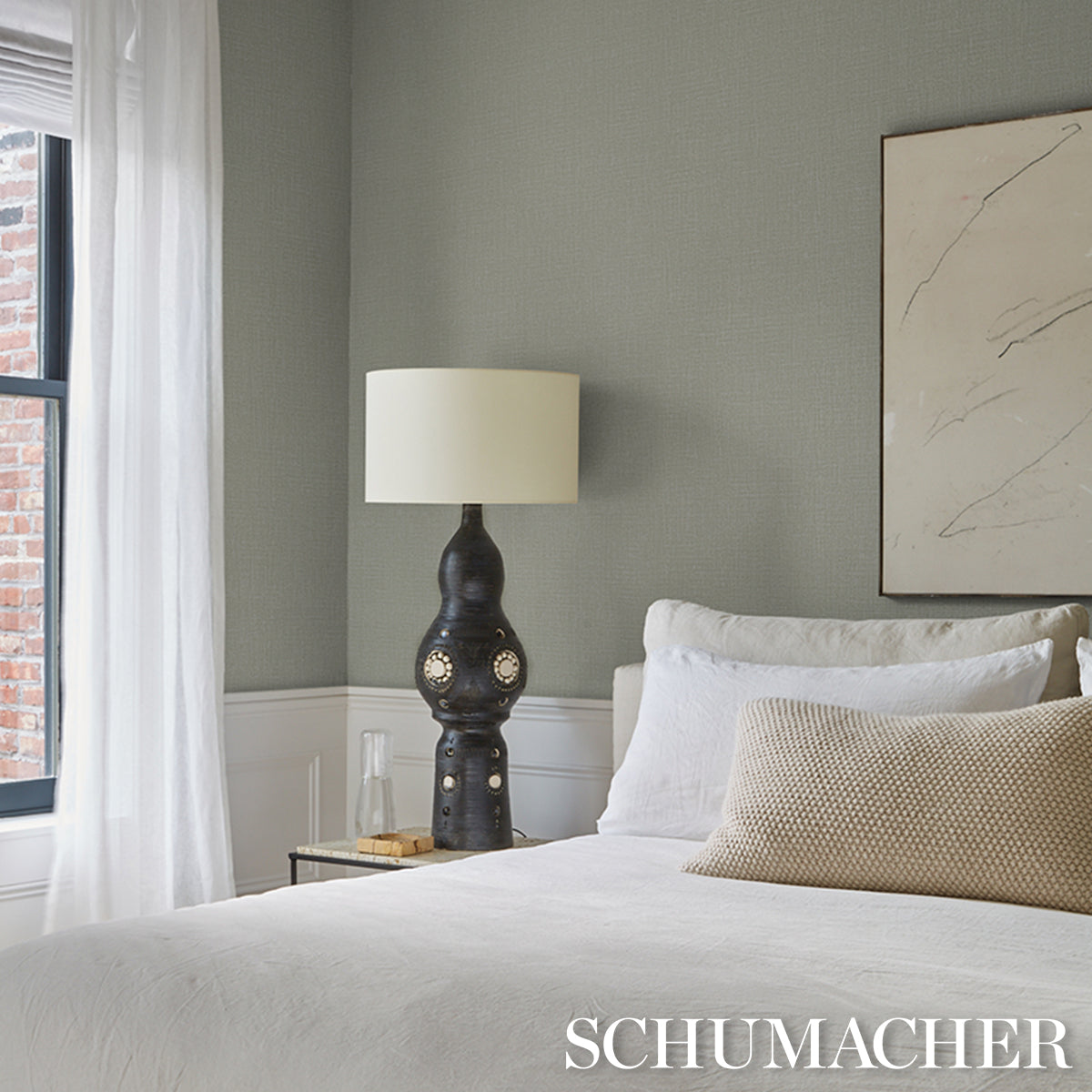 Campagne Linen Vinyl Wallpaper in aloe color - pattern number 5017524 - by Schumacher in the Schumacher Utility collection