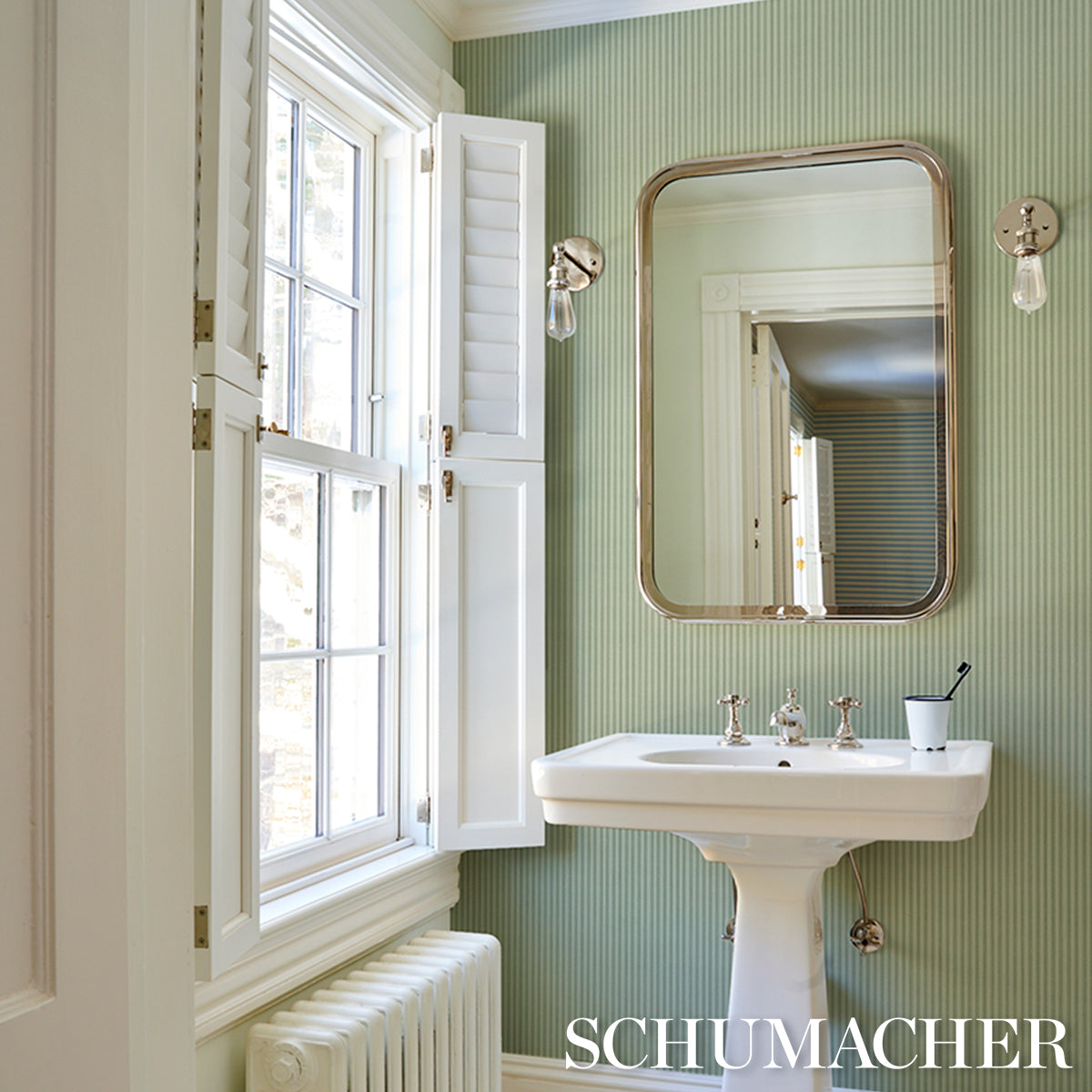 Edwin Stripe Narrow Wallpaper in sage color - pattern number 5017630 - by Schumacher in the Atelier Paris collection