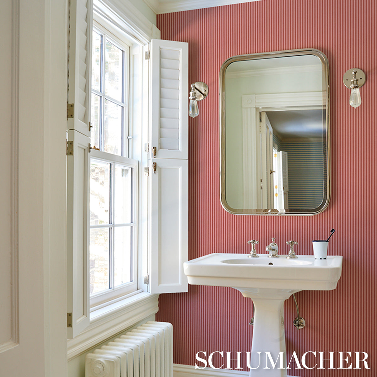 Edwin Stripe Narrow Wallpaper in sun kiss color - pattern number 5017632 - by Schumacher in the Atelier Paris collection