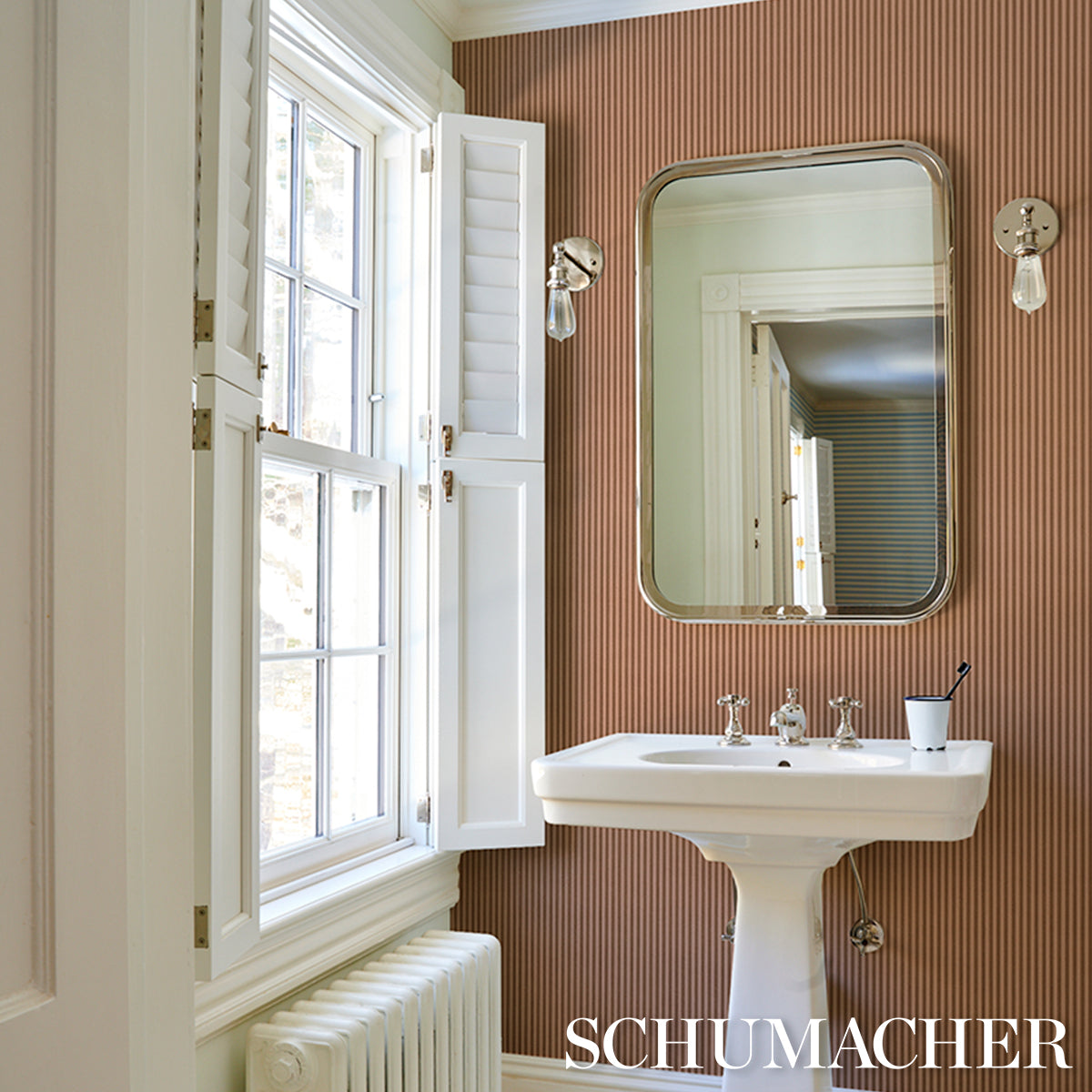 Edwin Stripe Narrow Wallpaper in chestnut rose color - pattern number 5017634 - by Schumacher in the Atelier Paris collection