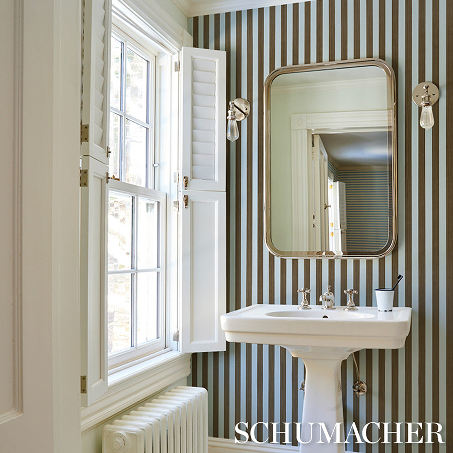 Edwin Stripe Medium Wallpaper in brown and sky color - pattern number 5017642 - by Schumacher in the Atelier Paris collection