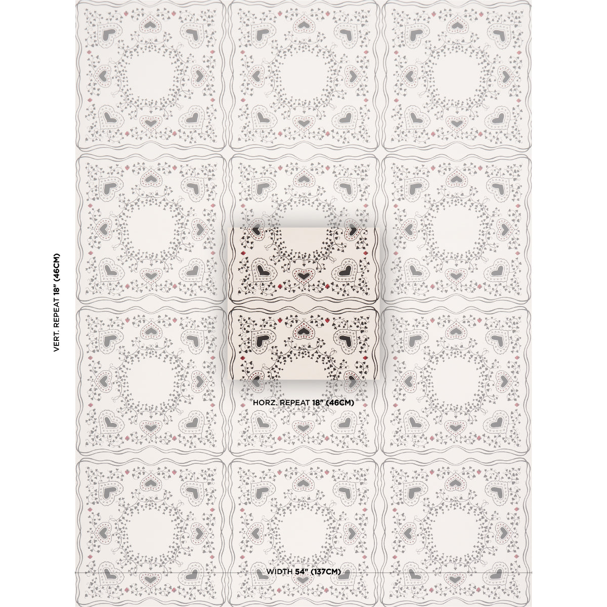Garden Of Hearts Wallpaper in black and ivory color - pattern number 5017860 - by Schumacher in the Backdrop I collection