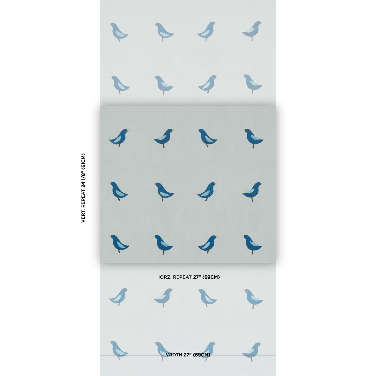 Birds Print Wallpaper in navy on sky color - pattern number 5017892 - by Schumacher in the Perennial Favorites collection