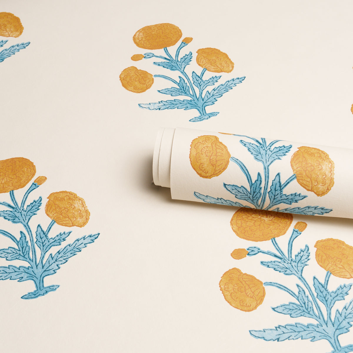 Poppy Print Wallpaper in mustard and sky color - pattern number 5017981 - by Schumacher in the Perennial Favorites collection