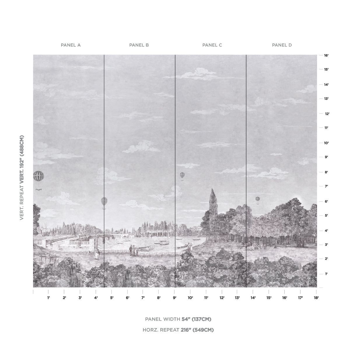 Promenade 4 Panel Set Wallpaper in grisaille color - pattern number 5018121 - by Schumacher in the Carl Daquino collection