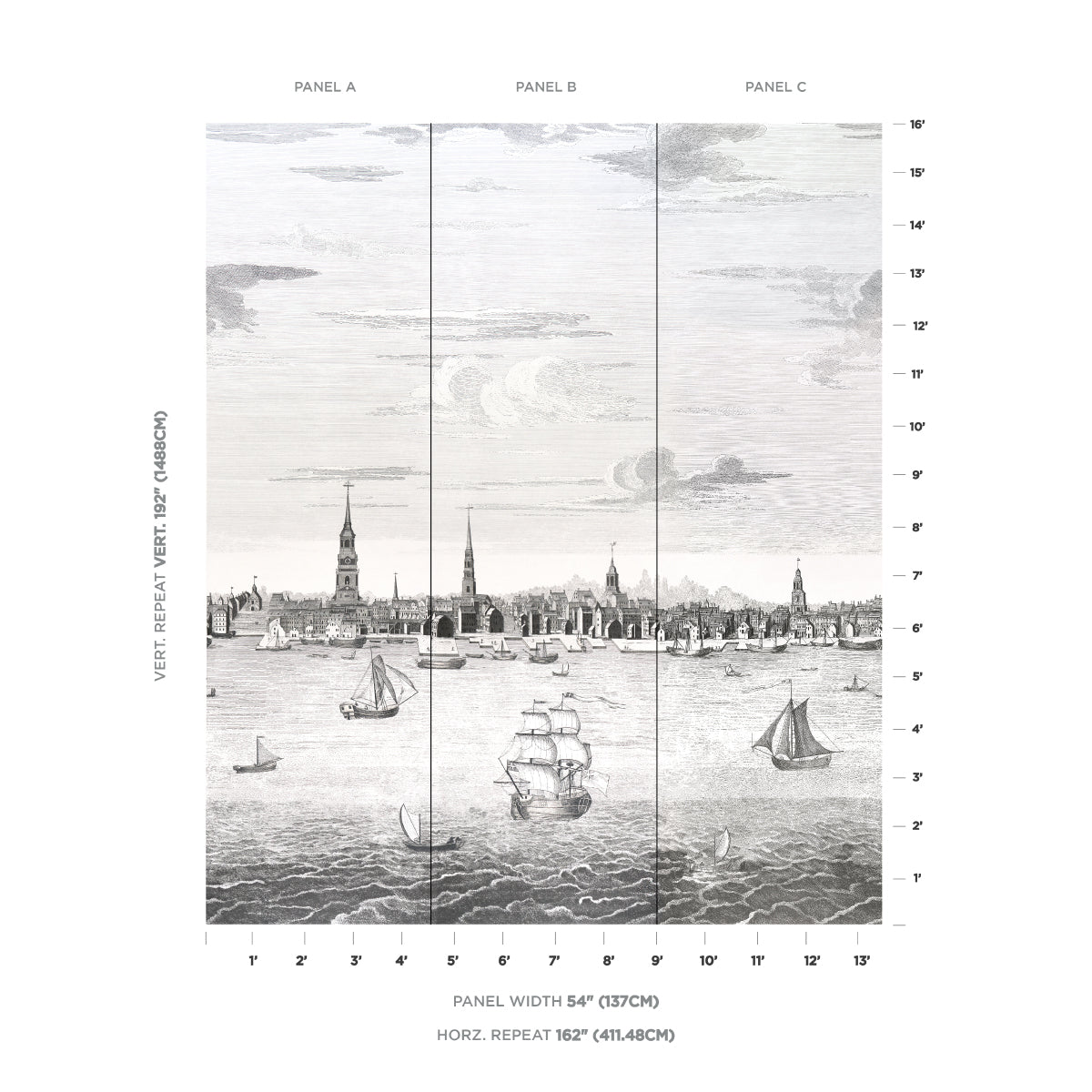 Philadelphia Harbor Panel Wallpaper in Black color - pattern number 5018390 - by Schumacher in the American Heritage collection