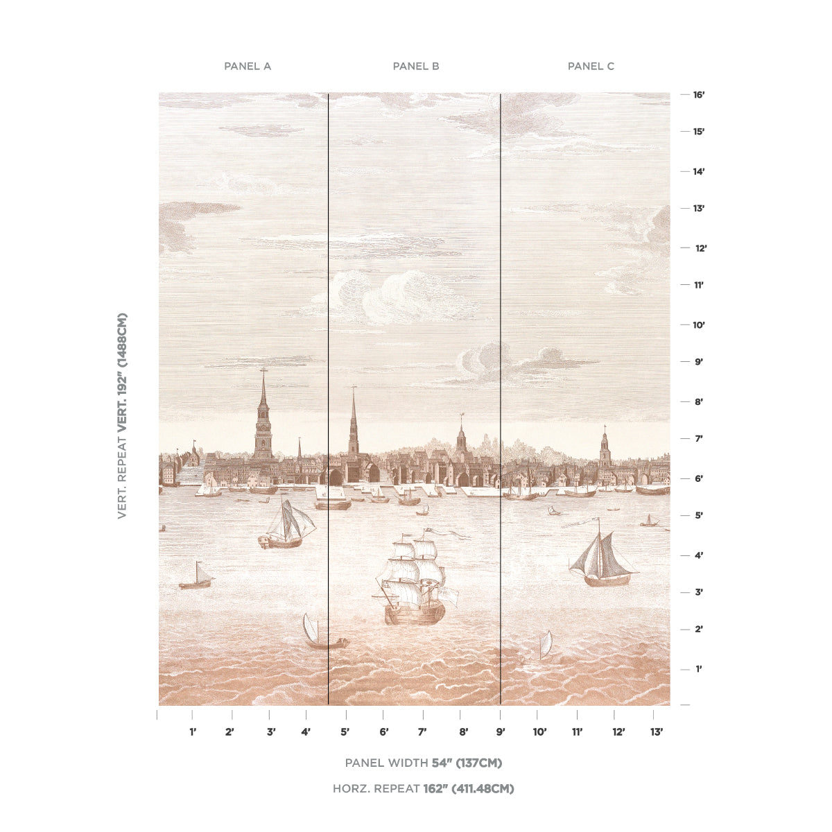 Philadelphia Harbor Panel Wallpaper in Sepia color - pattern number 5018391 - by Schumacher in the American Heritage collection