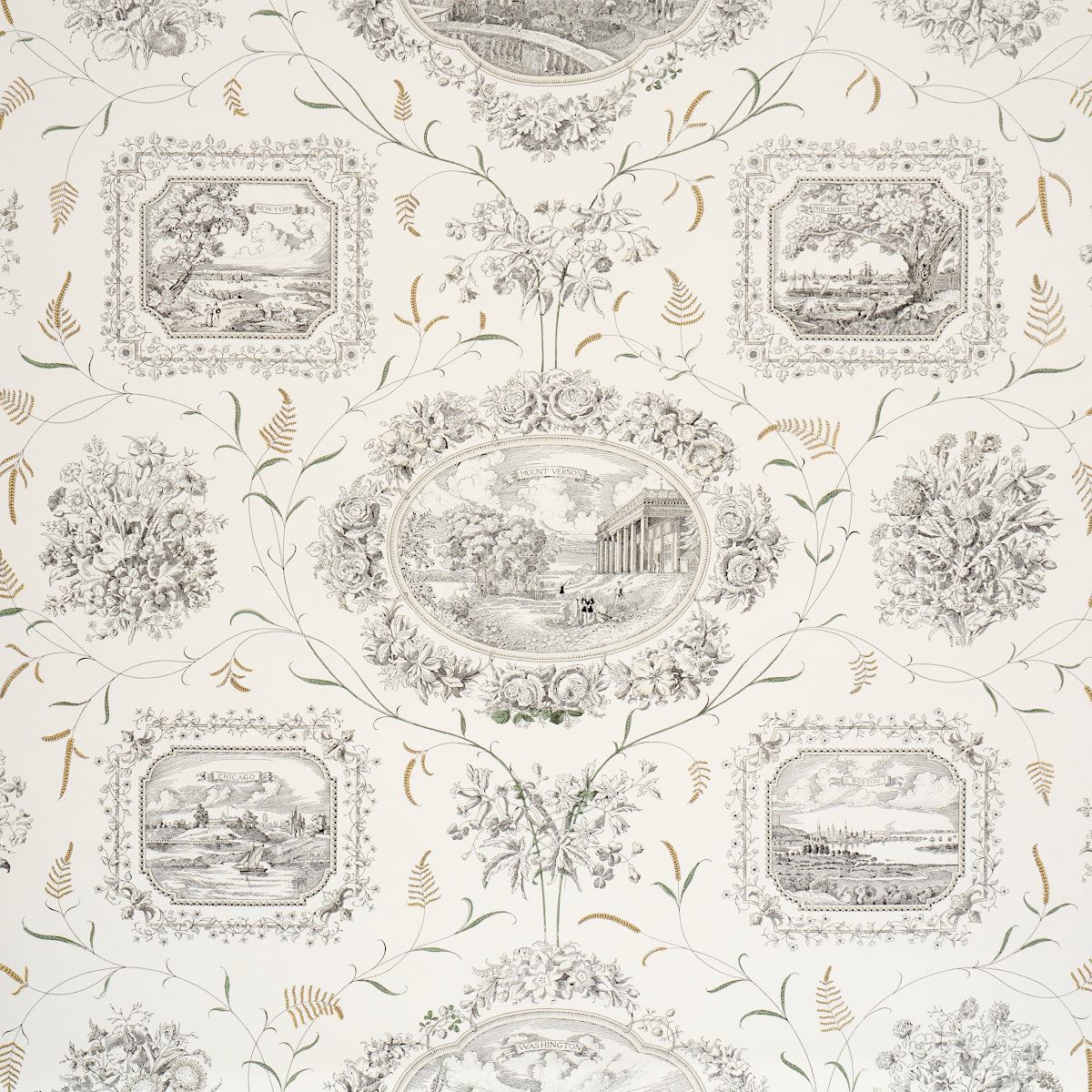 Century Scenic Toile Wallpaper in Black color - pattern number 5018410 - by Schumacher in the American Heritage collection