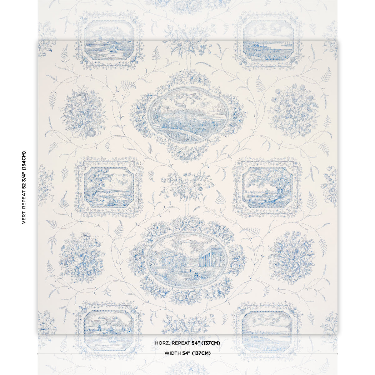 Century Scenic Toile Wallpaper in Blue color - pattern number 5018411 - by Schumacher in the American Heritage collection