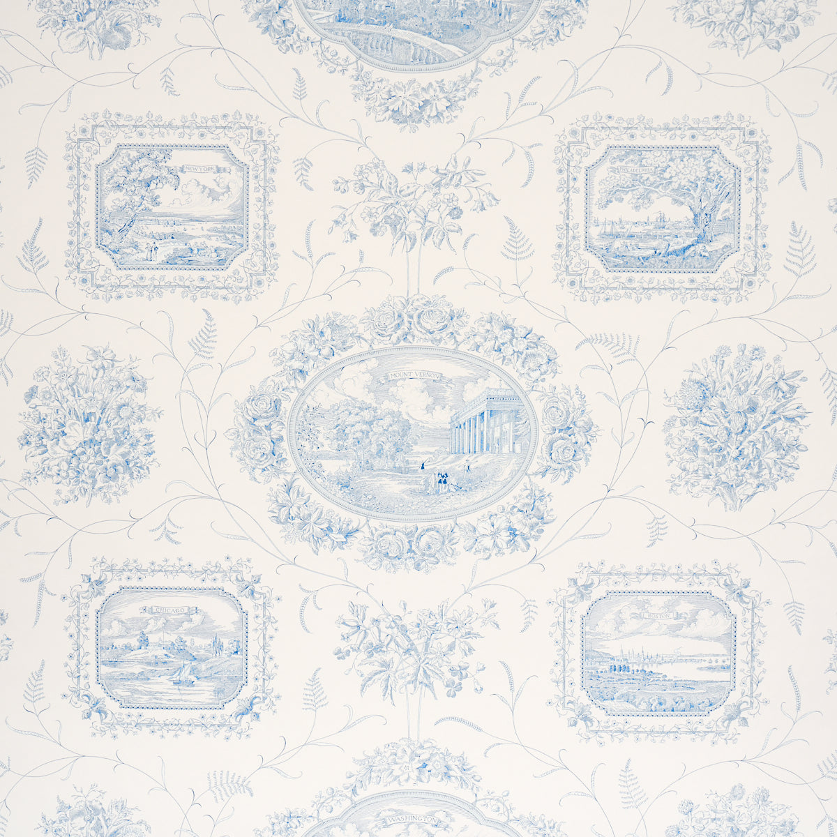 Century Scenic Toile Wallpaper in Blue color - pattern number 5018411 - by Schumacher in the American Heritage collection