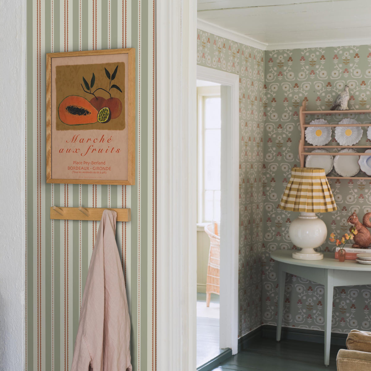Hedda Wallpaper in sage and rust color - pattern number 5819 - by Schumacher in the Borastapeter collection