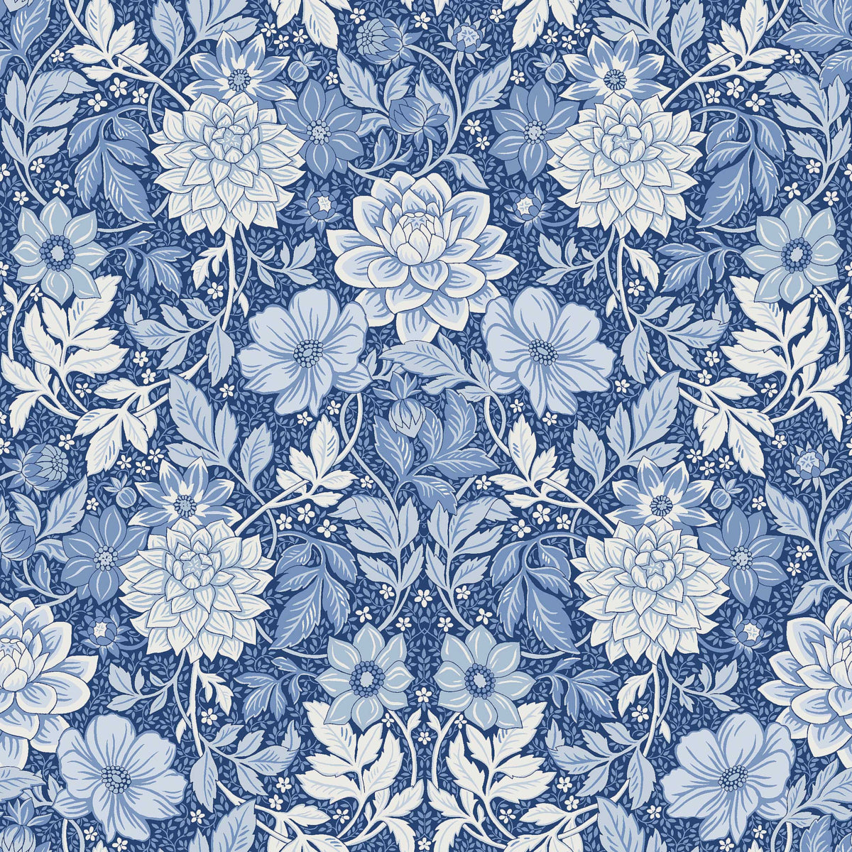Dahlia Garden wallpaper in blue and white color - pattern number 6141 - by Schumacher in the Borastapeter collection