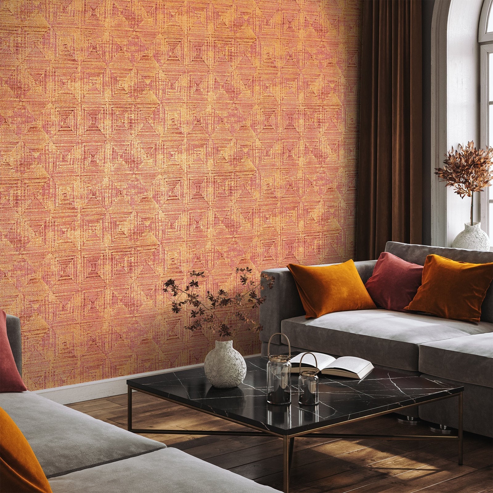 Raffia wallpaper in orange color - pattern number GH65345-23 - by Galerie in the Pepper collection