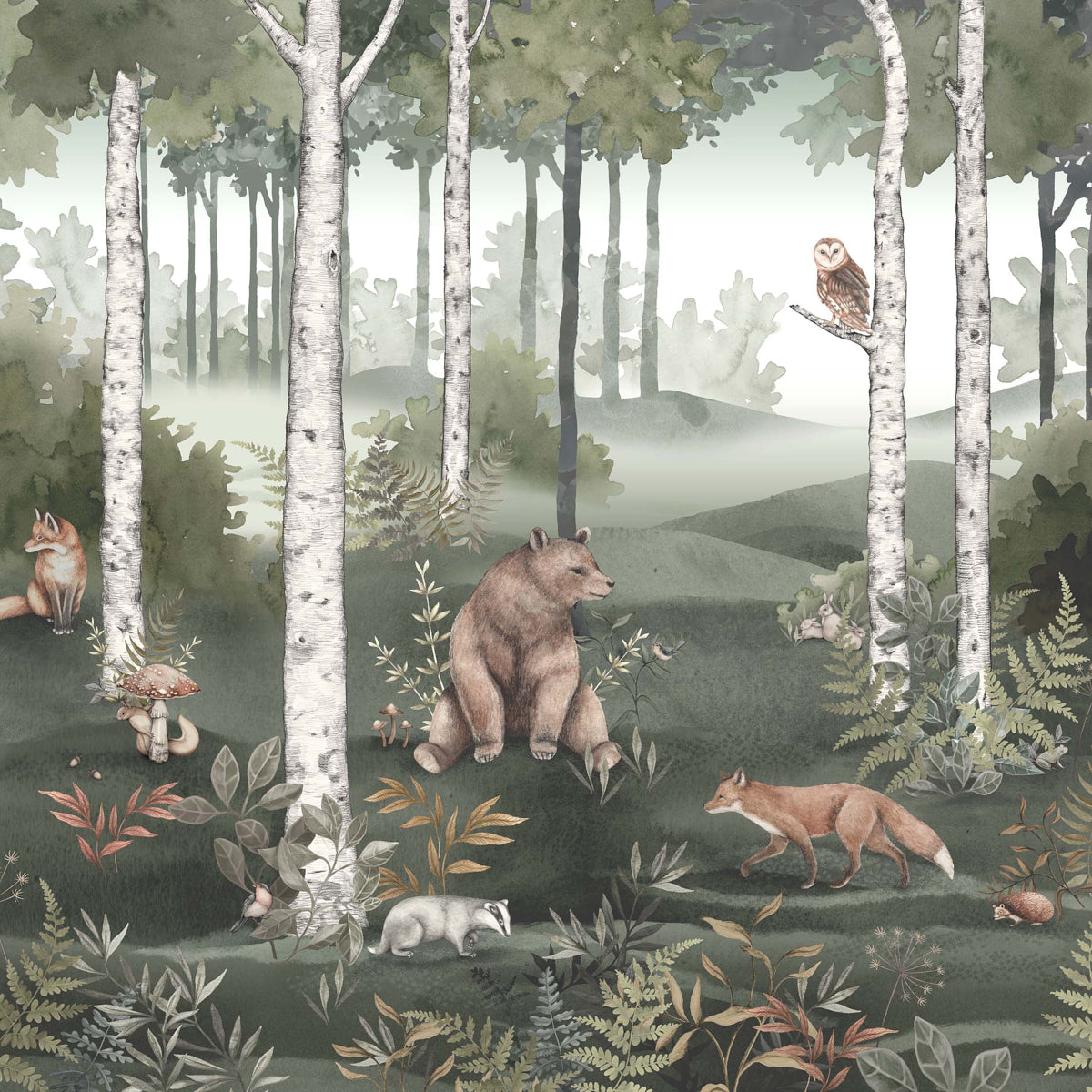 Wild Forest mural in spruce color - pattern number 6943 - by Schumacher in the Borastapeter collection
