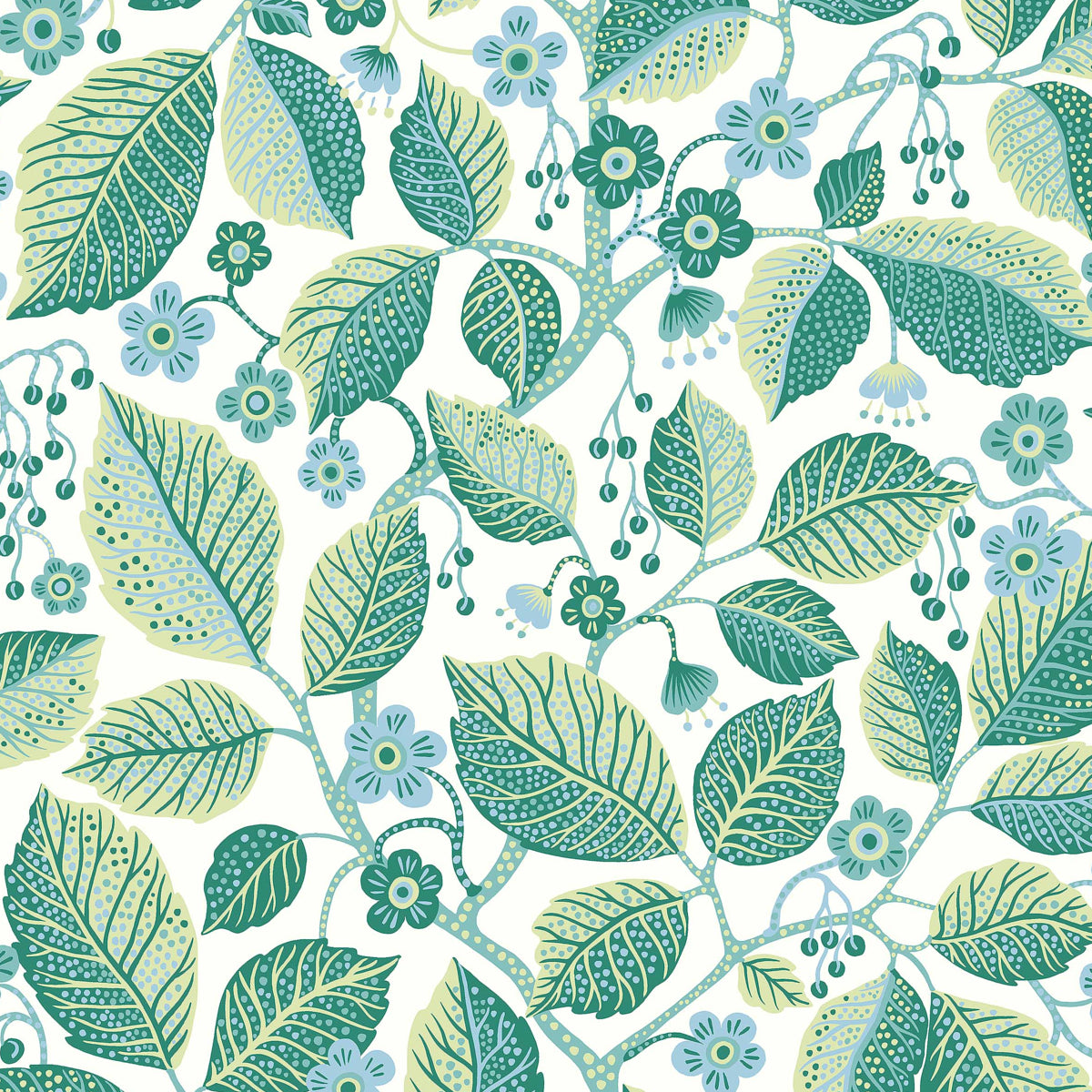 Elm Tree Wallpaper in blue and green color - pattern number 7784 - by Schumacher in the Borastapeter collection