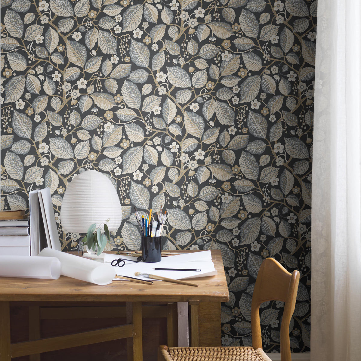 Elm Tree Wallpaper in charcoal and neutral color - pattern number 7786 - by Schumacher in the Borastapeter collection