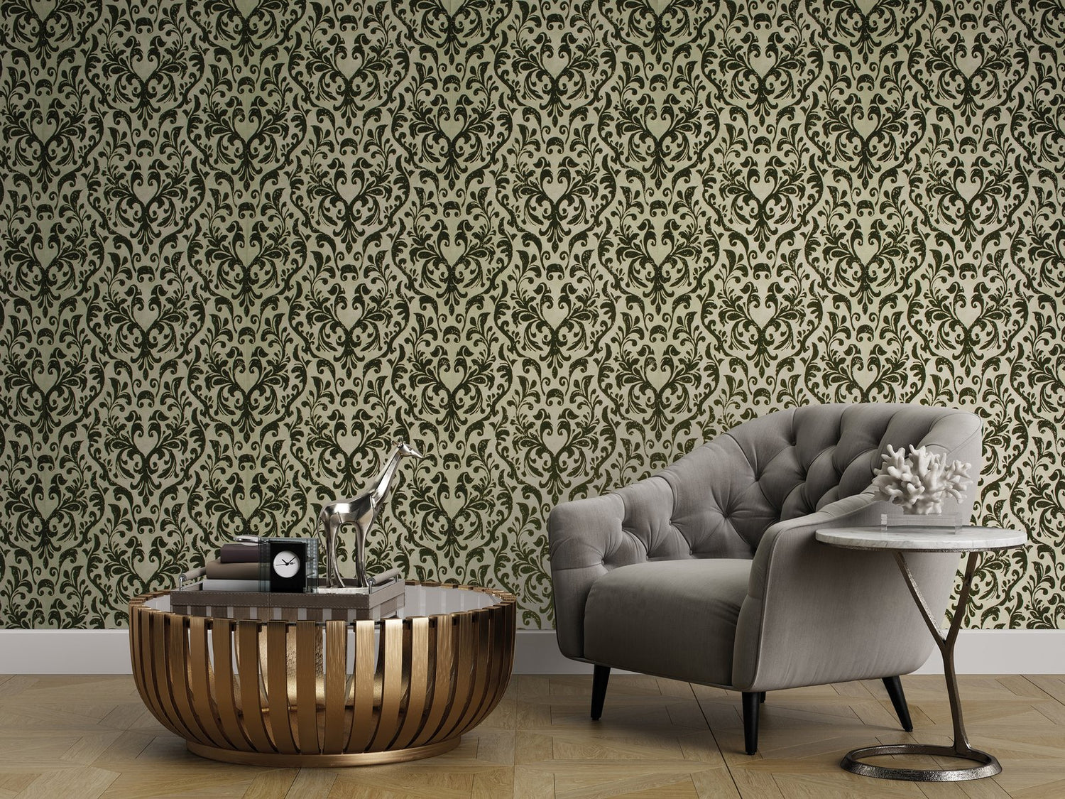 Mayfair / Loft Damask Flock wallpaper in green color - pattern number GH81254-23 - by Galerie in the Urban Classics collection