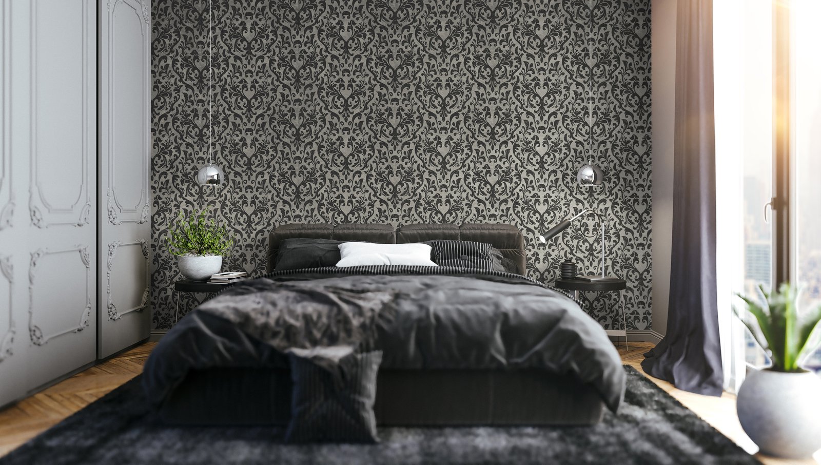 Mayfair / Loft Damask Flock wallpaper in silver grey color - pattern number GH81256-23 - by Galerie in the Urban Classics collection