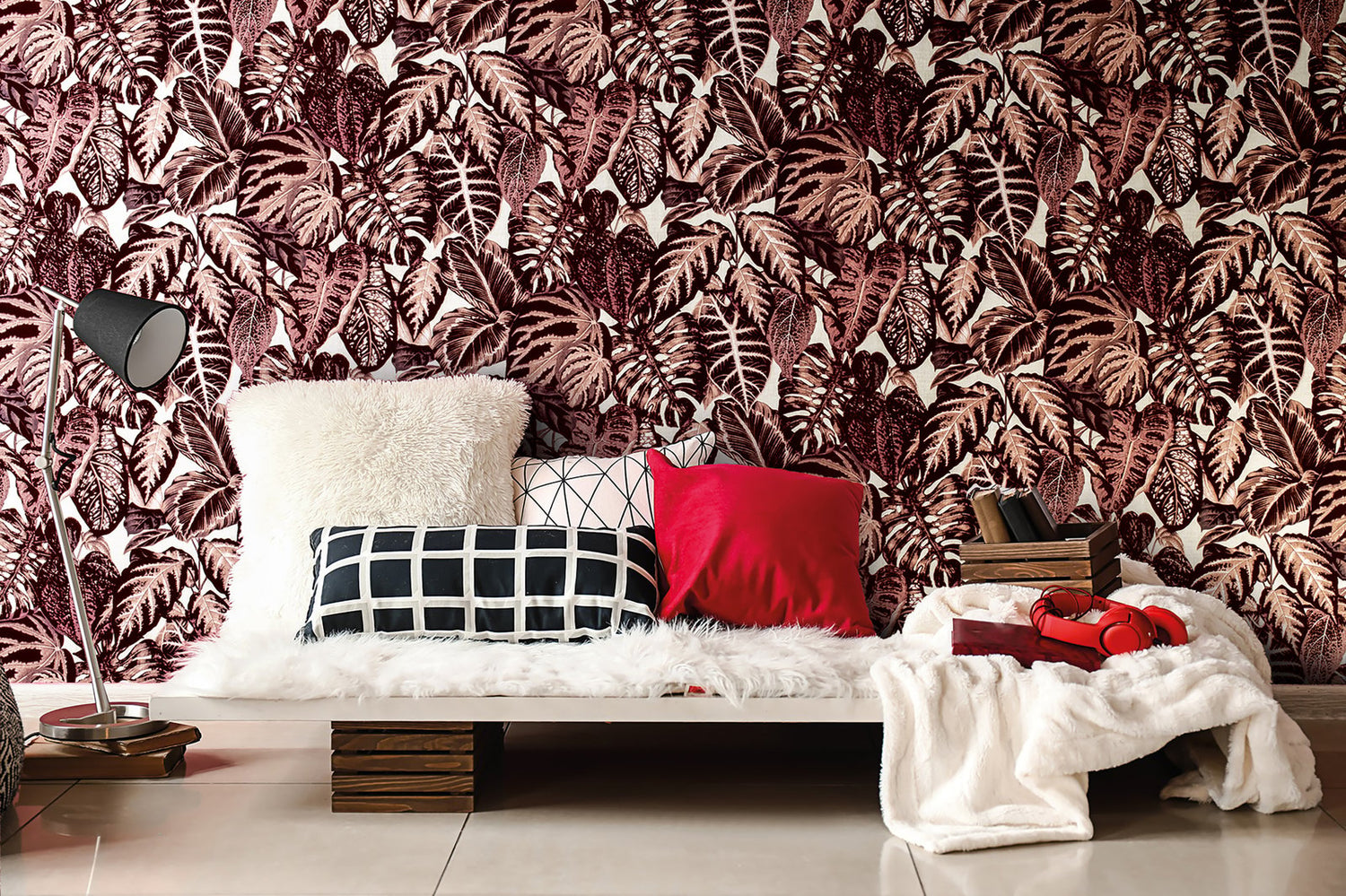 Elephant Leaf wallpaper in red color - pattern number GH81265-23 - by Galerie in the Feel collection