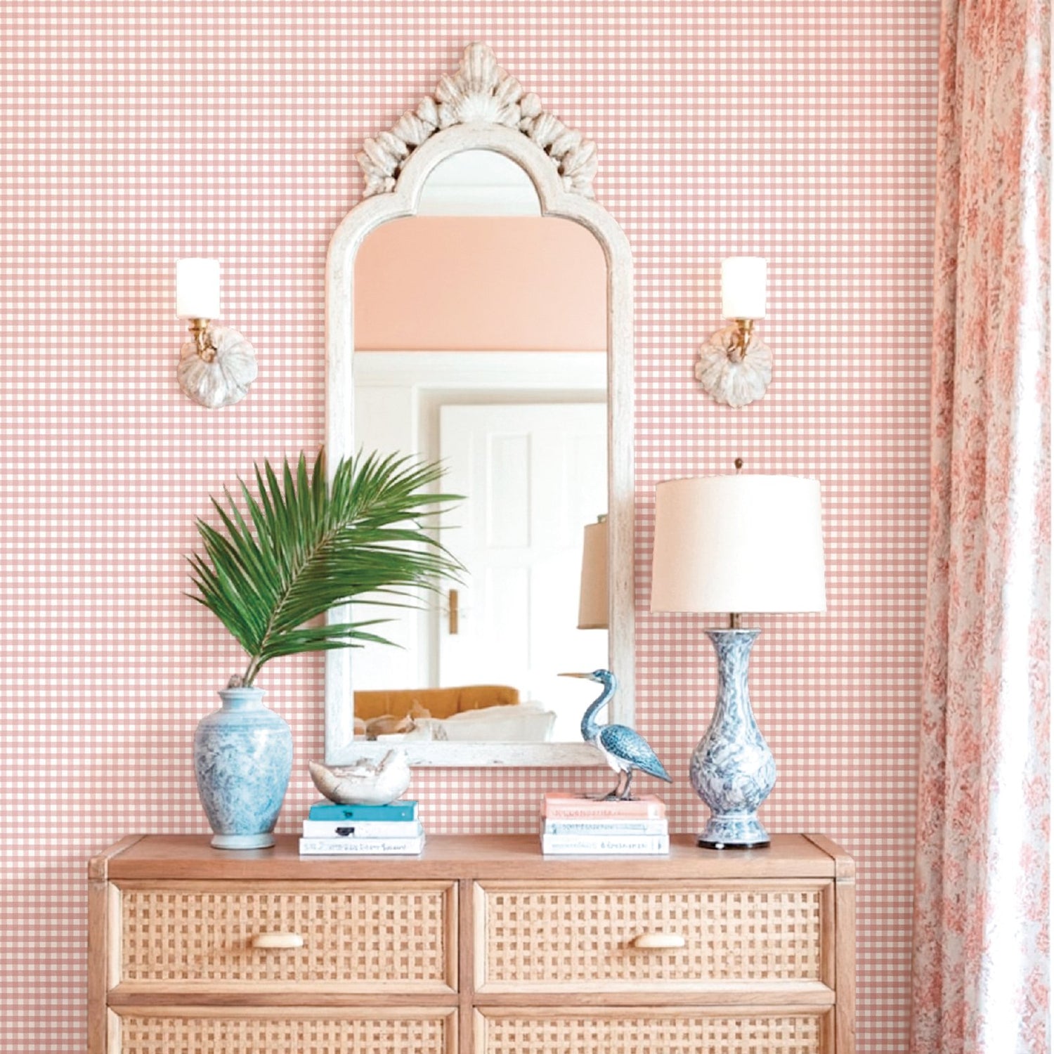 Quadratini Green Wallpaper in Pink color - pattern number 8394 - by Galerie in the Blooming Garden collection
