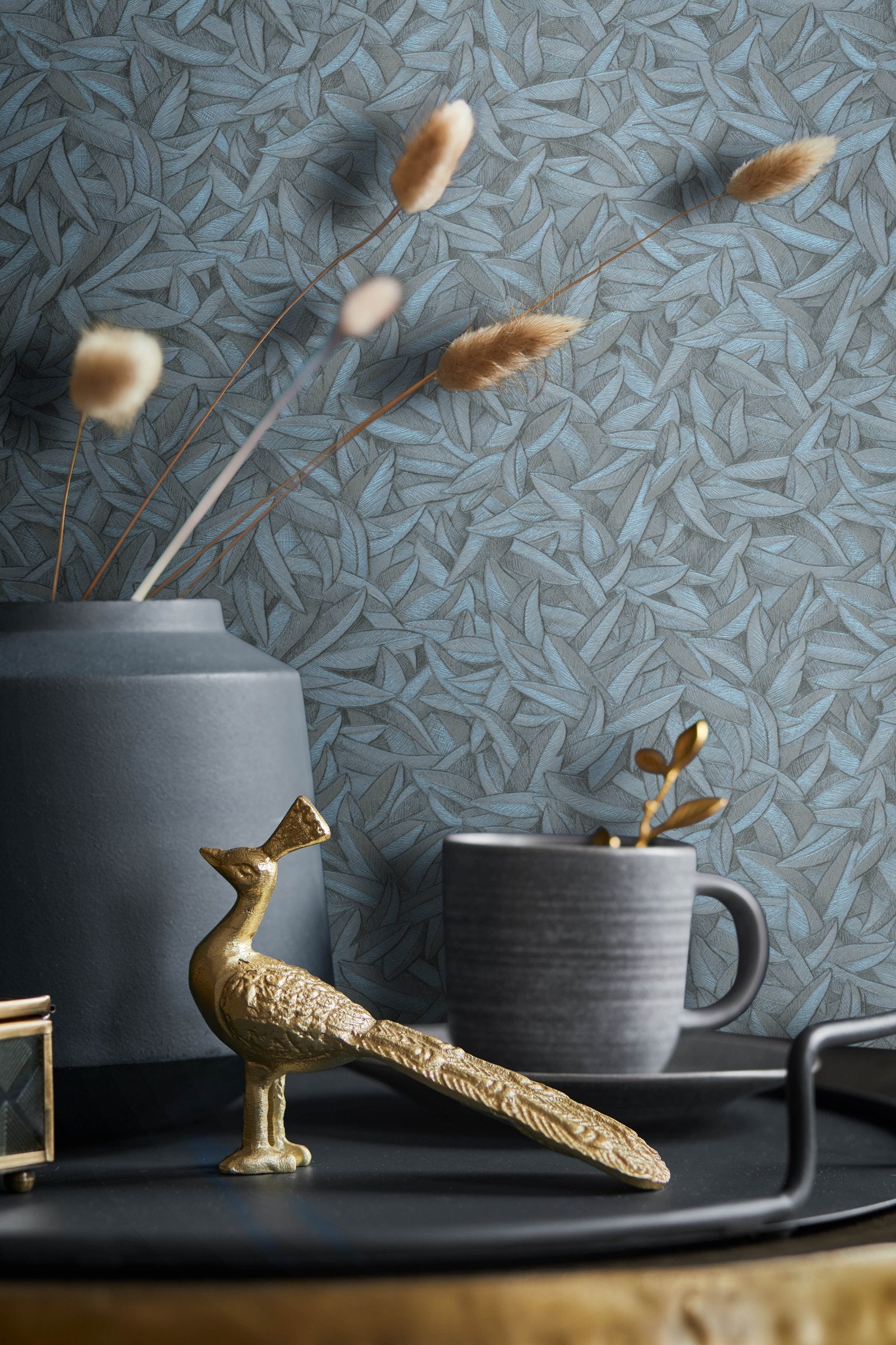Leaves wallpaper in blue color - pattern number EN91948 - by Galerie in the Energy collection