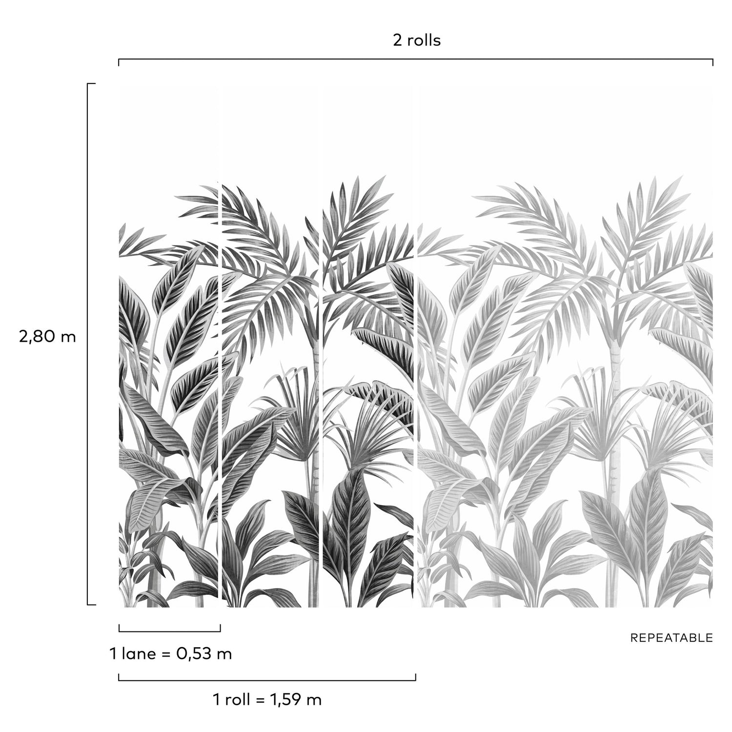 Branched Leaves Motive 3 Panel Mural in black color - pattern number A40801 - by Grandeco in the Orom II collection