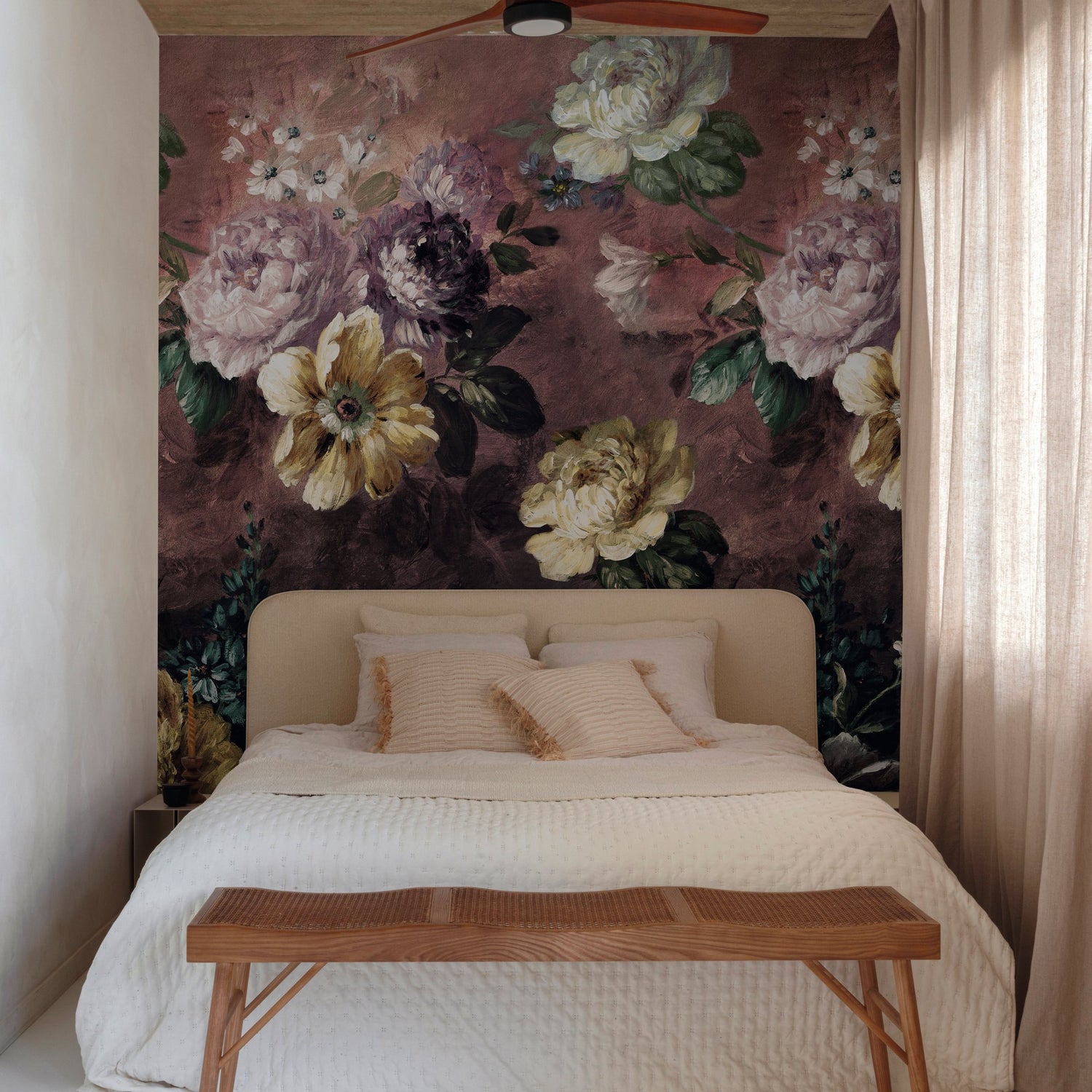 Classical Floral All-over 3 Panel Mural in red color - pattern number A52001 - by Grandeco in the Orom II collection
