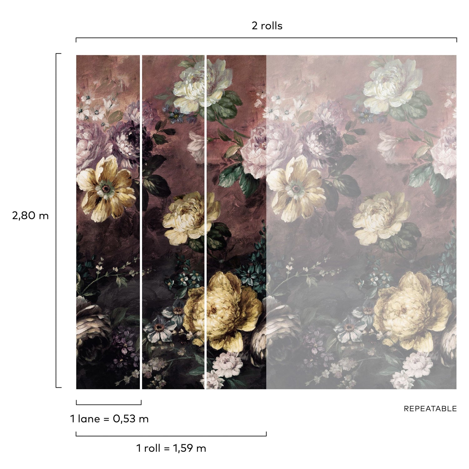 Classical Floral All-over 3 Panel Mural in red color - pattern number A52001 - by Grandeco in the Orom II collection