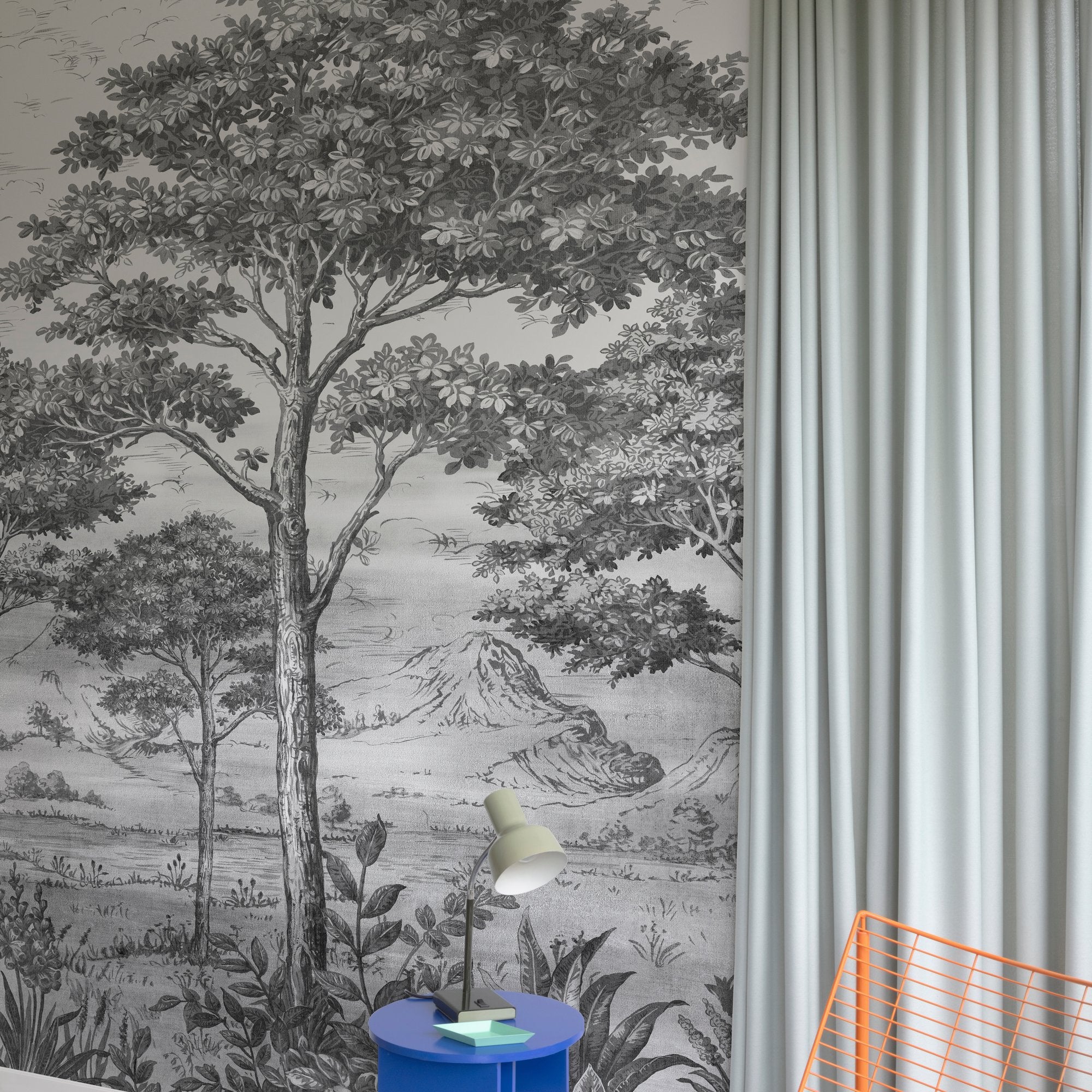 Branched Leaves Motive 3 Panel Mural in black color - pattern number A56702 - by Grandeco in the Orom II collection