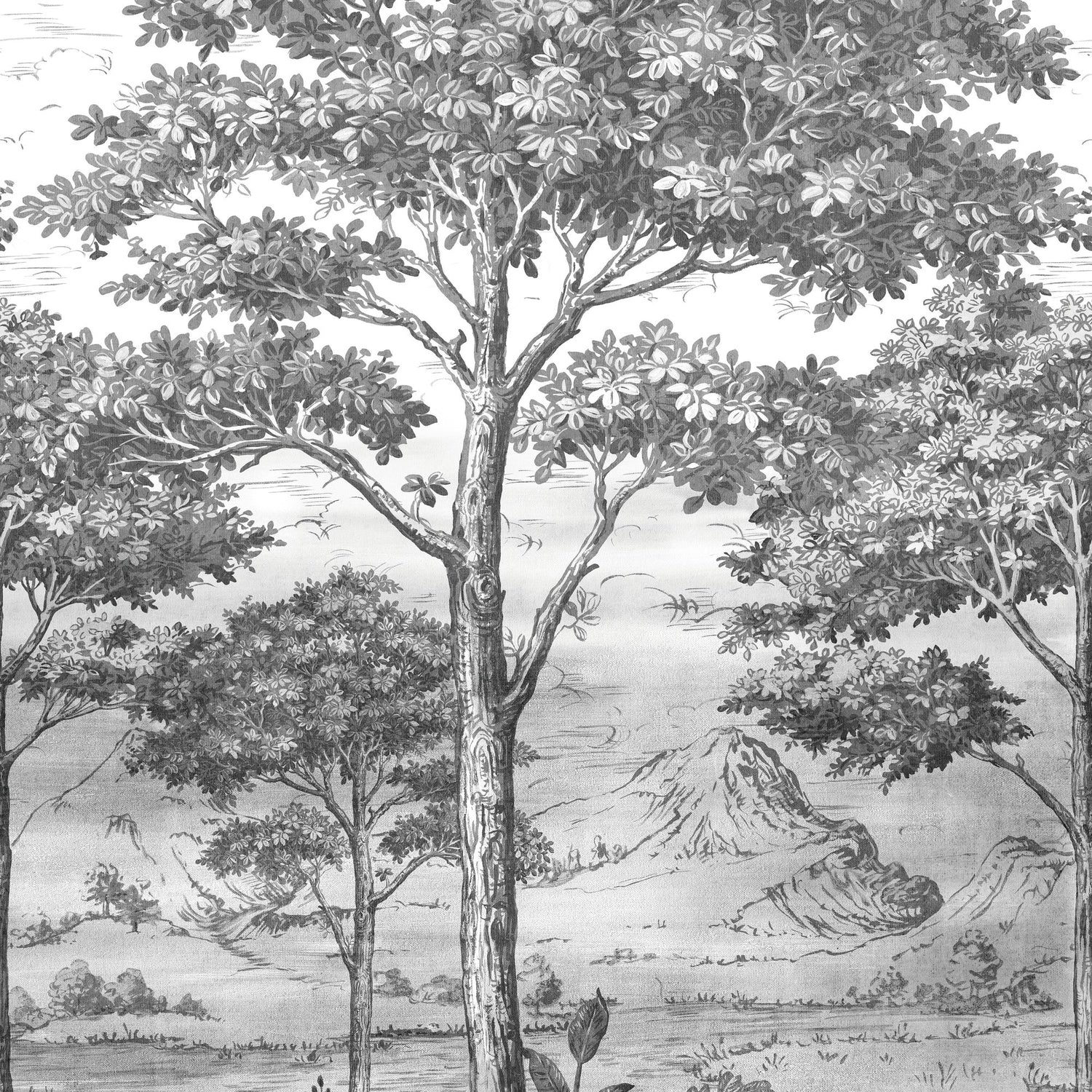 Branched Leaves Motive 3 Panel Mural in black color - pattern number A56702 - by Grandeco in the Orom II collection