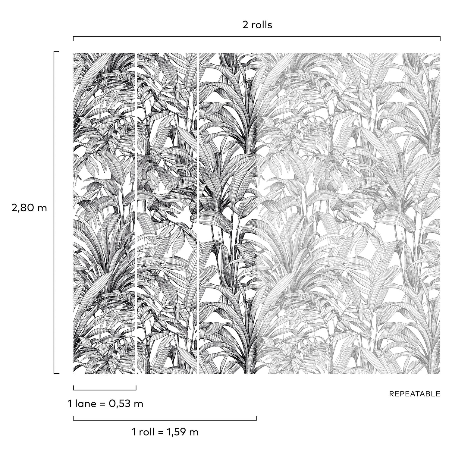 Branched Leaves All-over 3 Panel Mural in black color - pattern number A58301 - by Grandeco in the Orom II collection