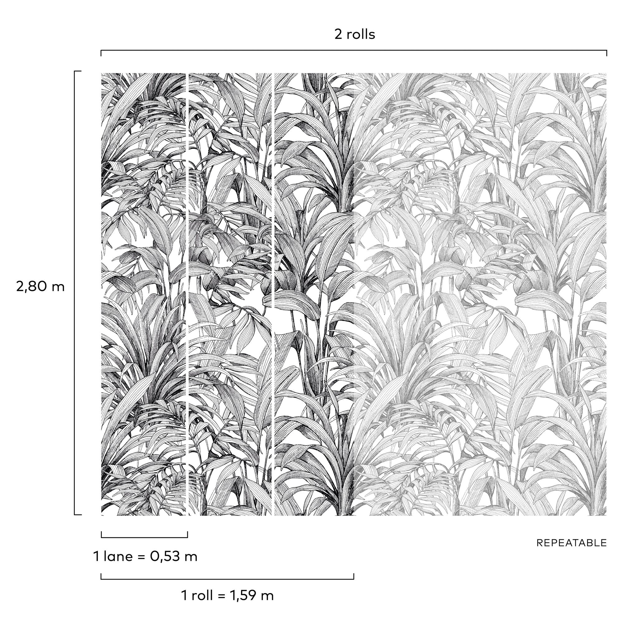 Branched Leaves All-over 3 Panel Mural in black color - pattern number A58301 - by Grandeco in the Orom II collection