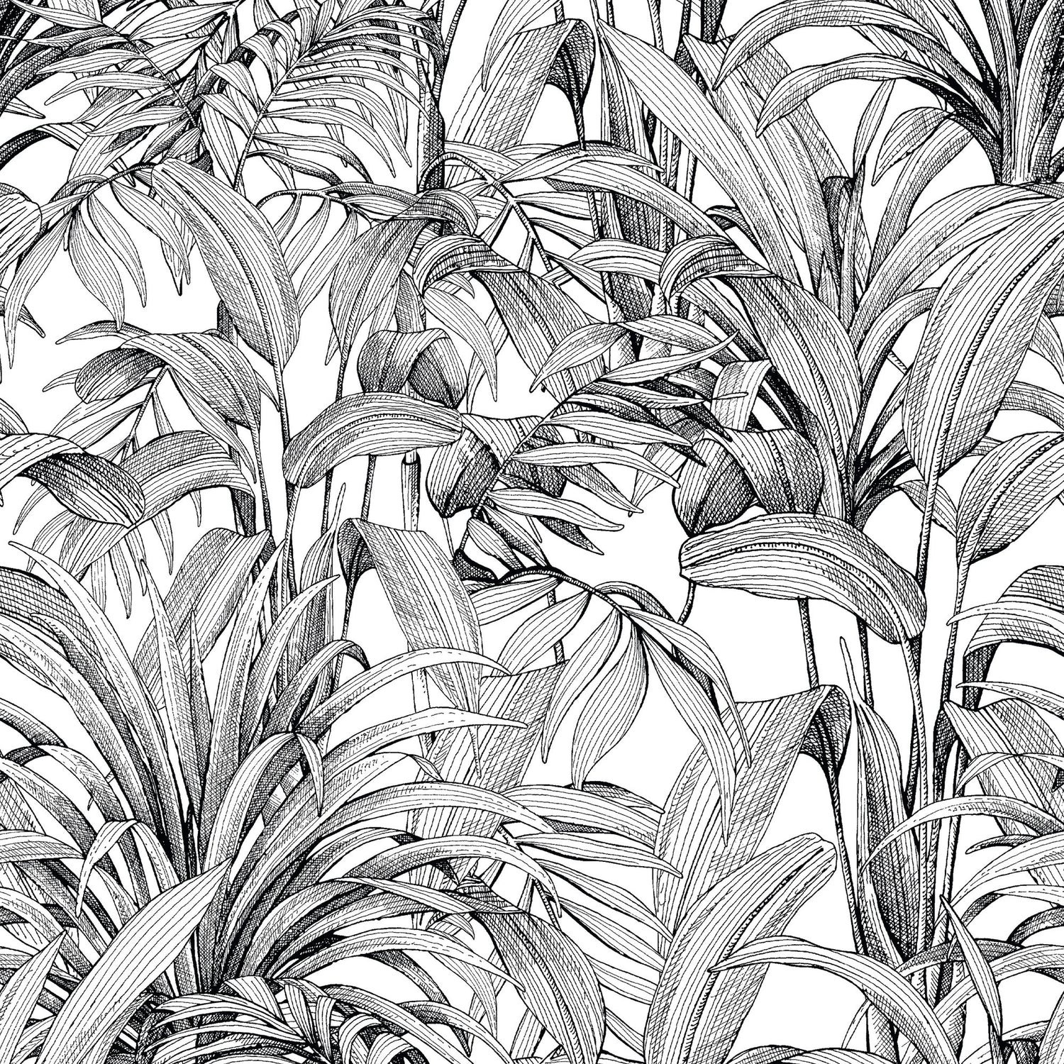 Branched Leaves All-over 3 Panel Mural in black color - pattern number A58301 - by Grandeco in the Orom II collection
