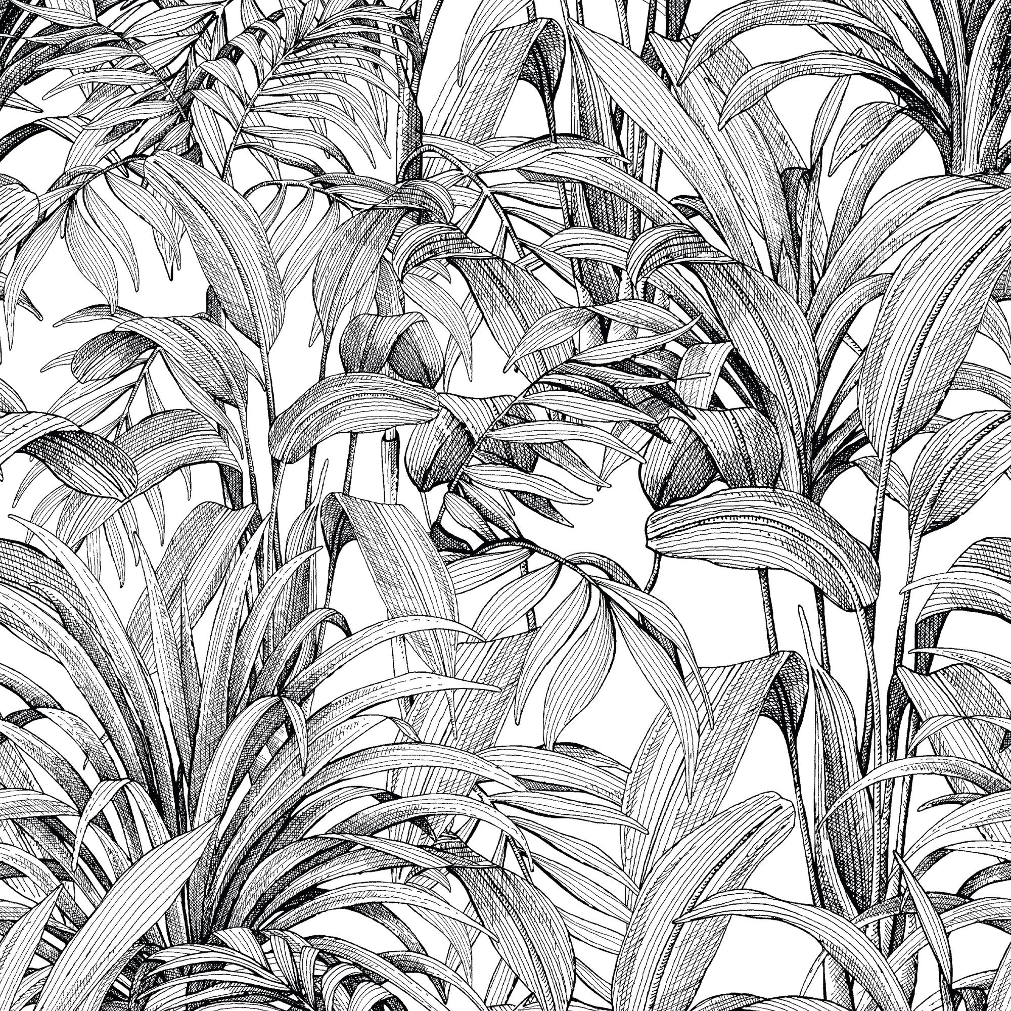 Branched Leaves All-over 3 Panel Mural in black color - pattern number A58301 - by Grandeco in the Orom II collection