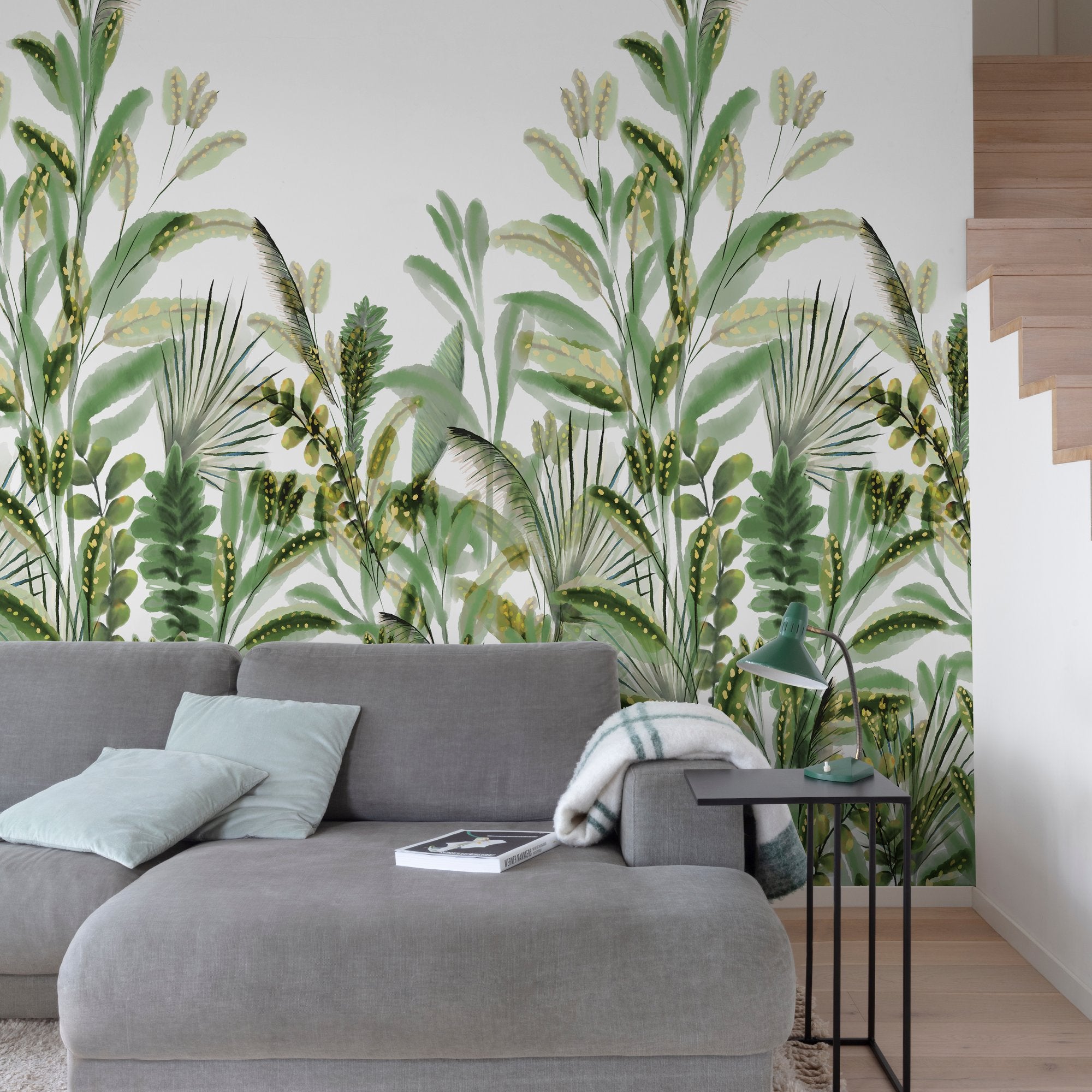 Branched Leaves All-over 3 Panel Mural in green color - pattern number A59502 - by Grandeco in the Orom II collection