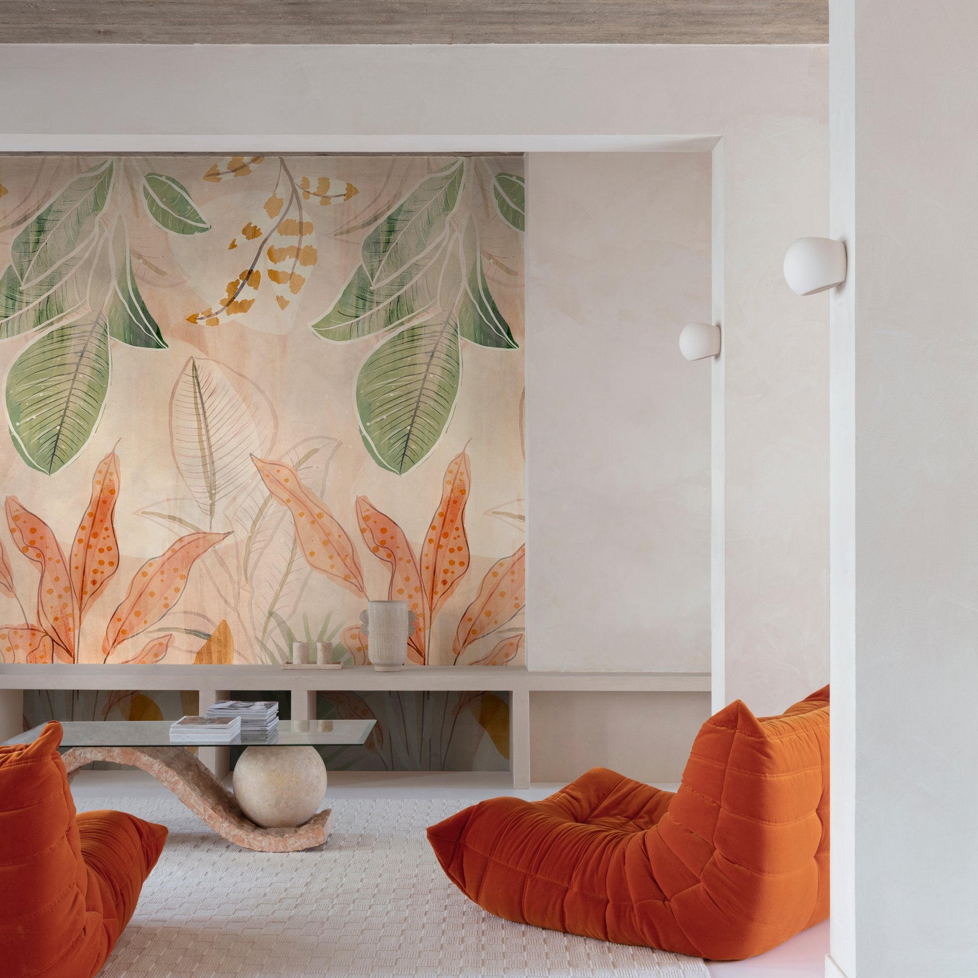 Stylish floral Motifs 3 Panel Mural in orange color - pattern number A60701 - by Grandeco in the Orom II collection