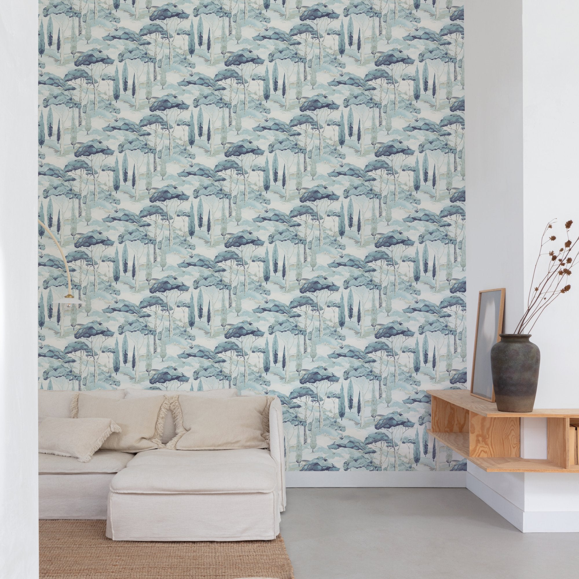 Branched Leaves Motive Wallpaper in blue color - pattern number ARA69203 - by Grandeco in the Arcadia collection