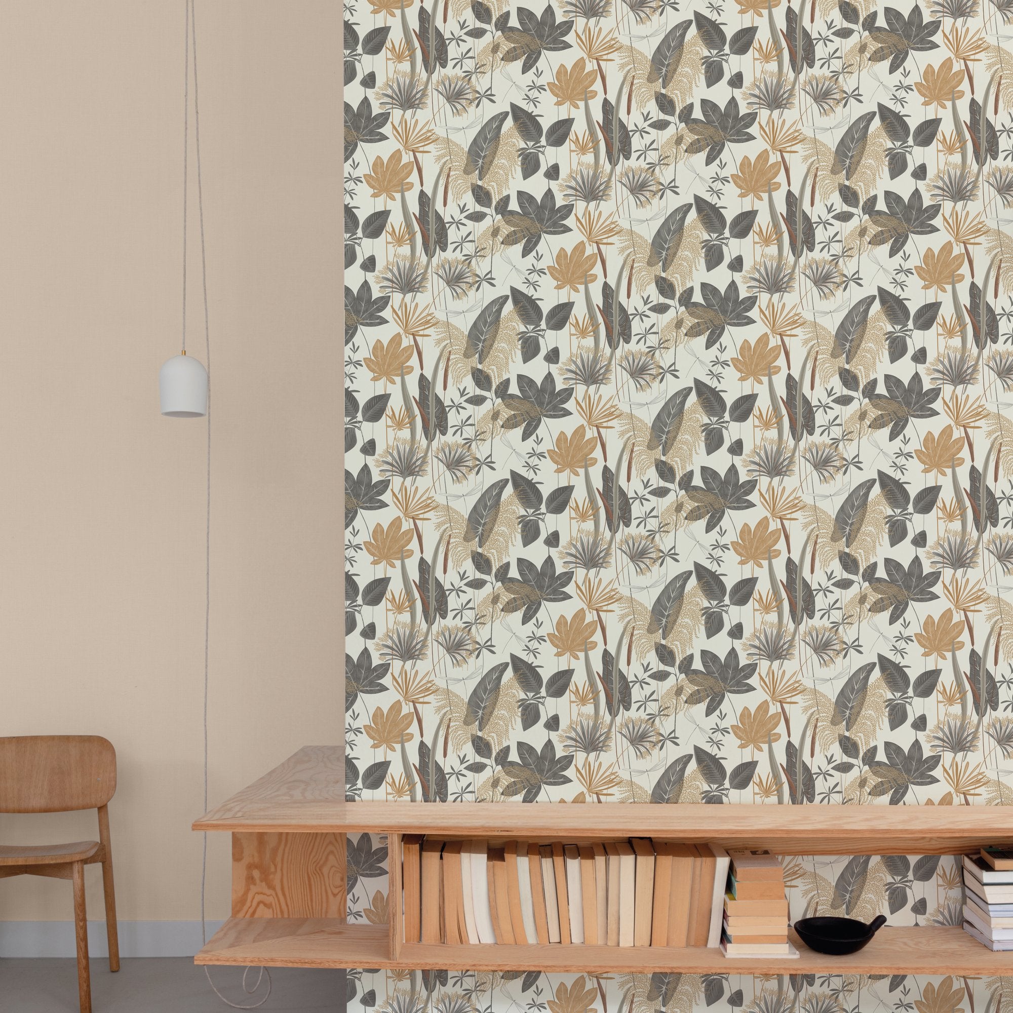 Branched Leaves All-over Wallpaper in beige color - pattern number ARA70701 - by Grandeco in the Arcadia collection