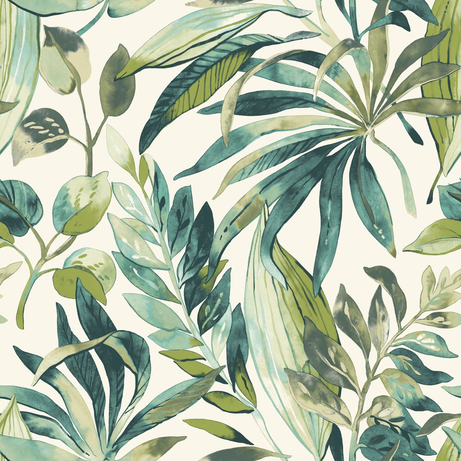 Branched Leaves Motive Wallpaper in green color - pattern number KRA71201 - by Grandeco in the Karuna collection