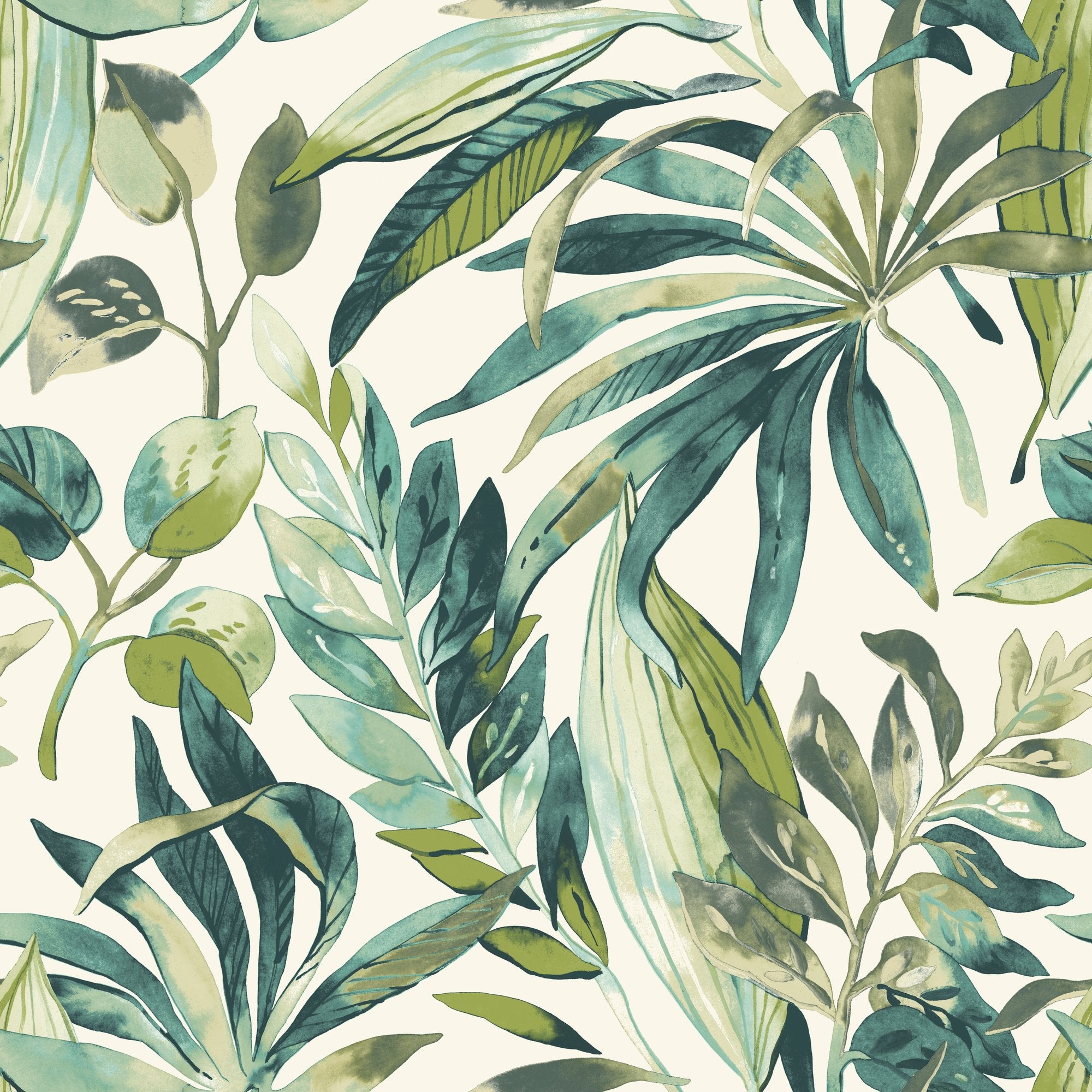 Branched Leaves Motive Wallpaper in green color - pattern number KRA71201 - by Grandeco in the Karuna collection