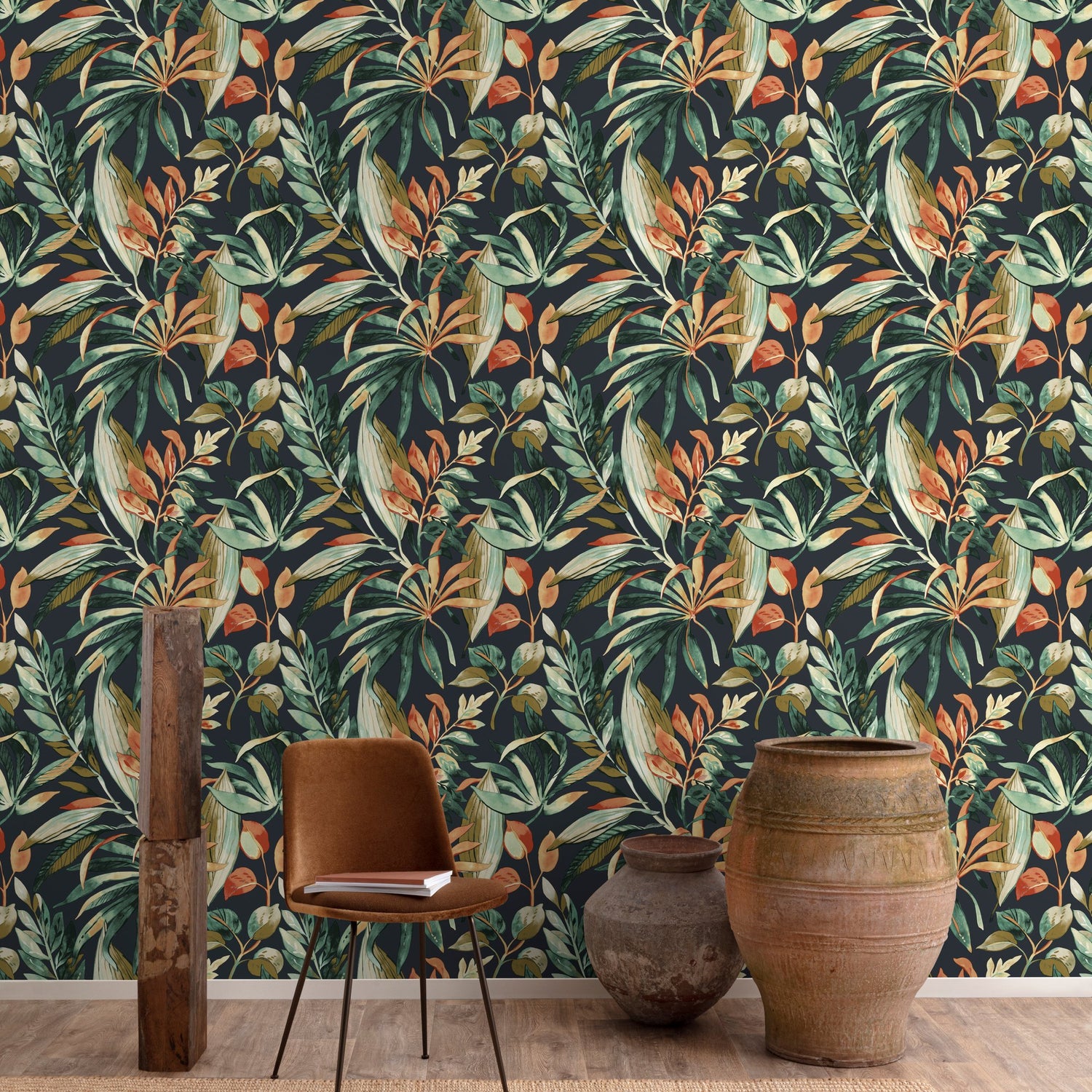 Branched Leaves Motive Wallpaper in multi-colored color - pattern number KRA71202 - by Grandeco in the Karuna collection