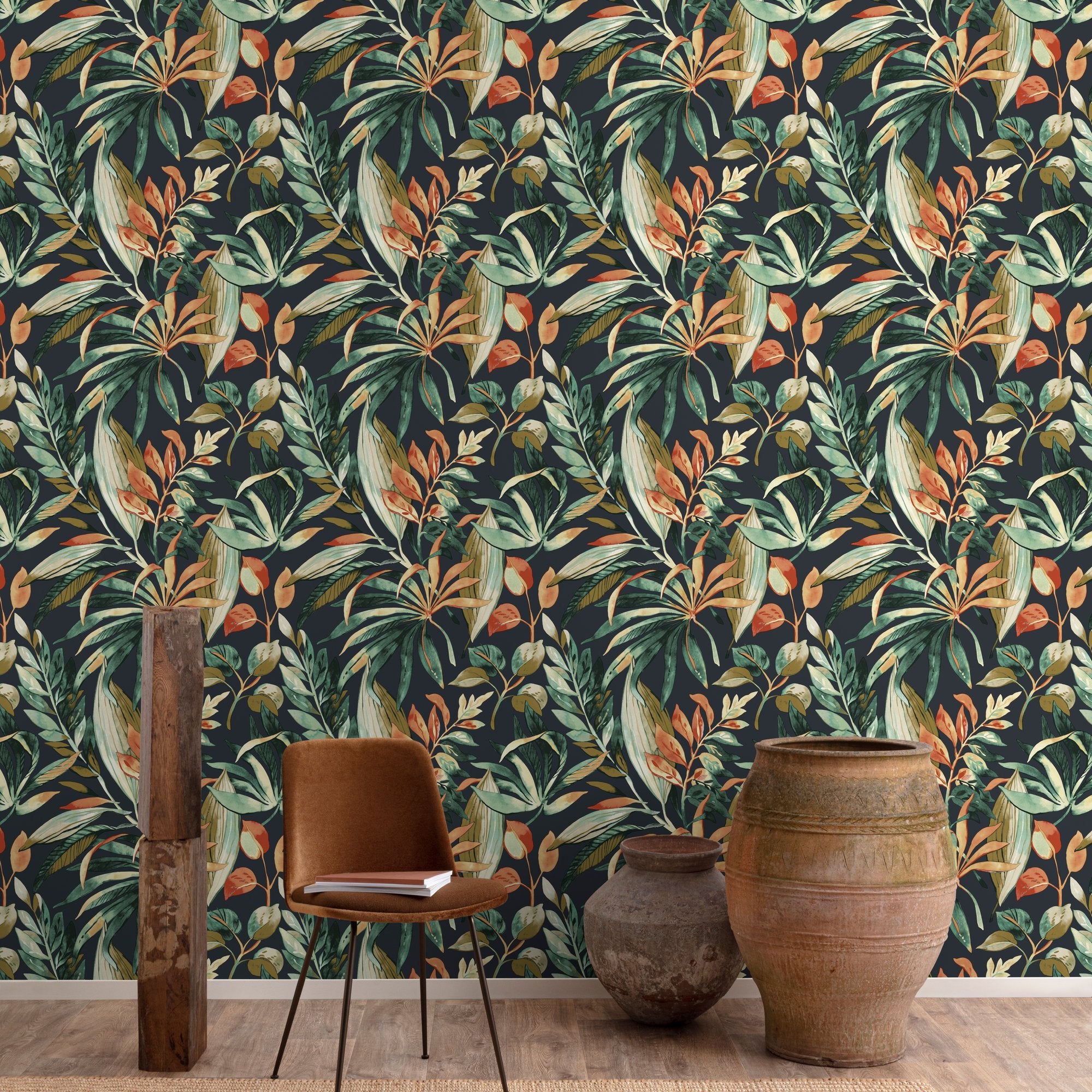 Branched Leaves Motive Wallpaper in multi-colored color - pattern number KRA71202 - by Grandeco in the Karuna collection