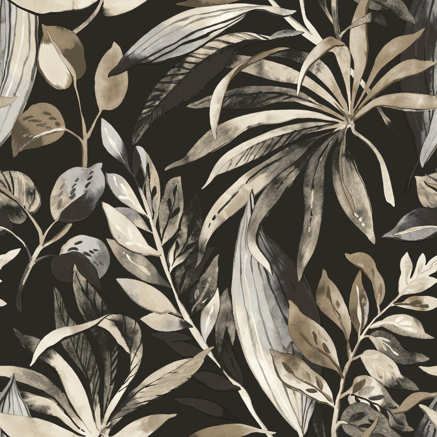 Branched Leaves Motive Wallpaper in black color - pattern number KRA71203 - by Grandeco in the Karuna collection