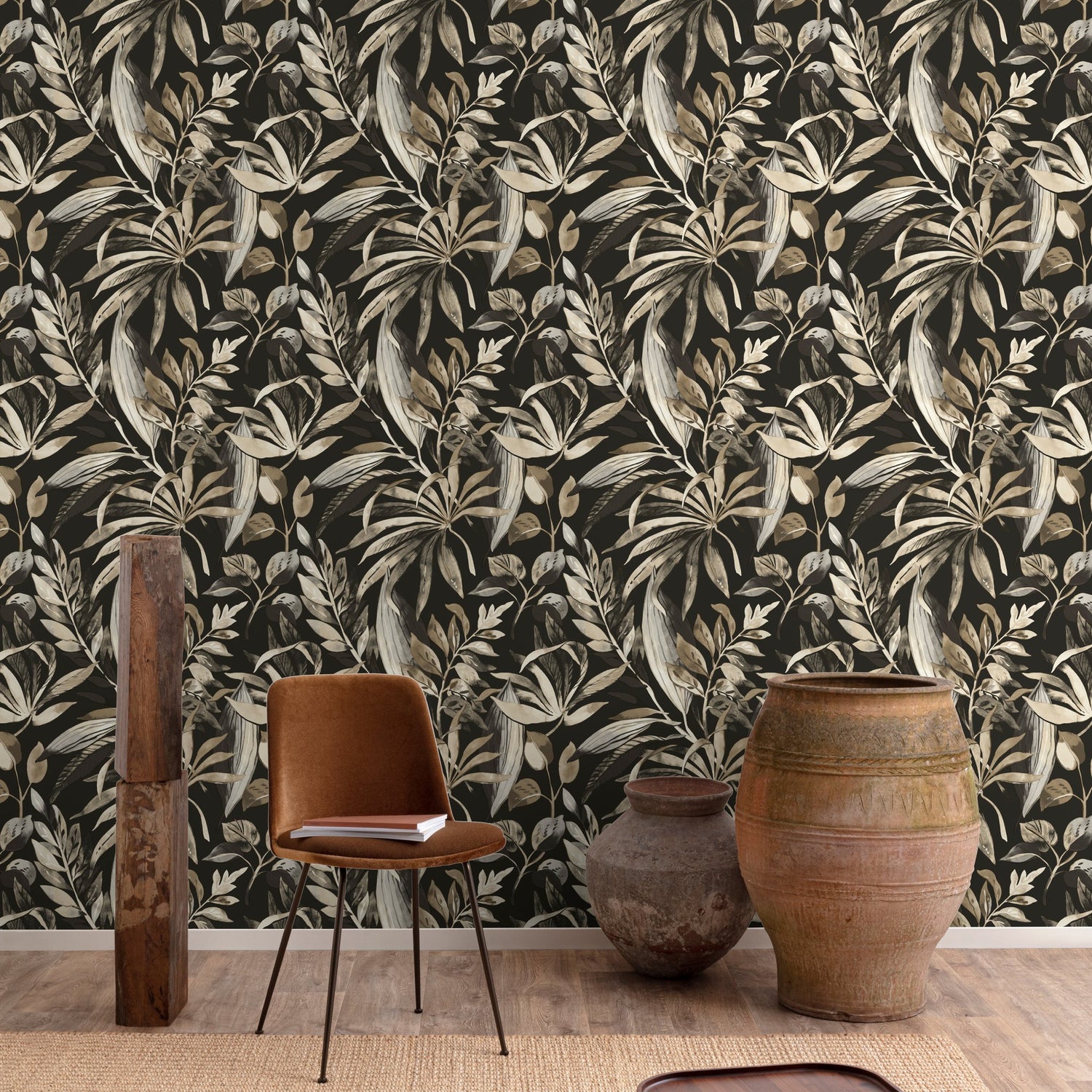 Branched Leaves Motive Wallpaper in black color - pattern number KRA71203 - by Grandeco in the Karuna collection