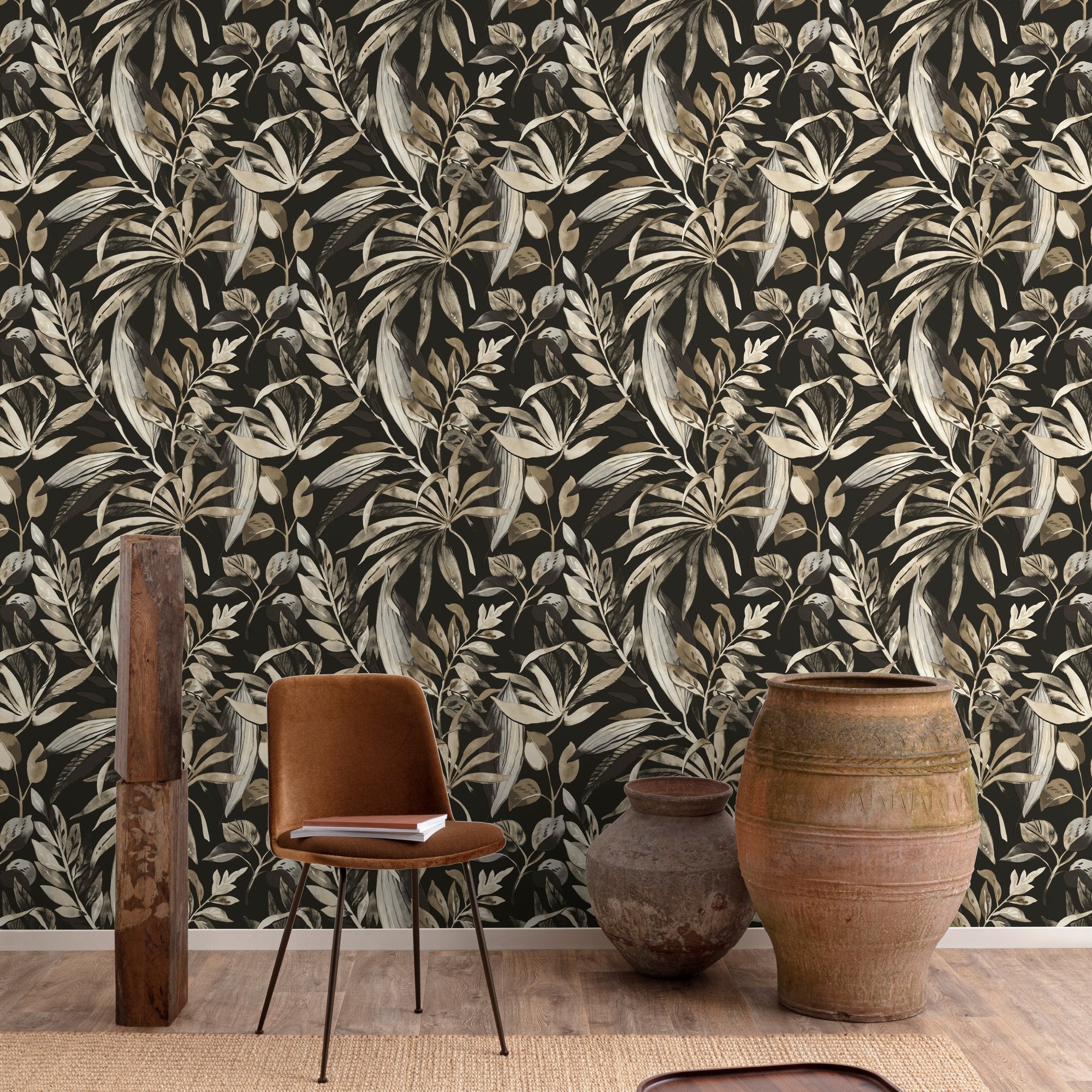 Branched Leaves Motive Wallpaper in black color - pattern number KRA71203 - by Grandeco in the Karuna collection