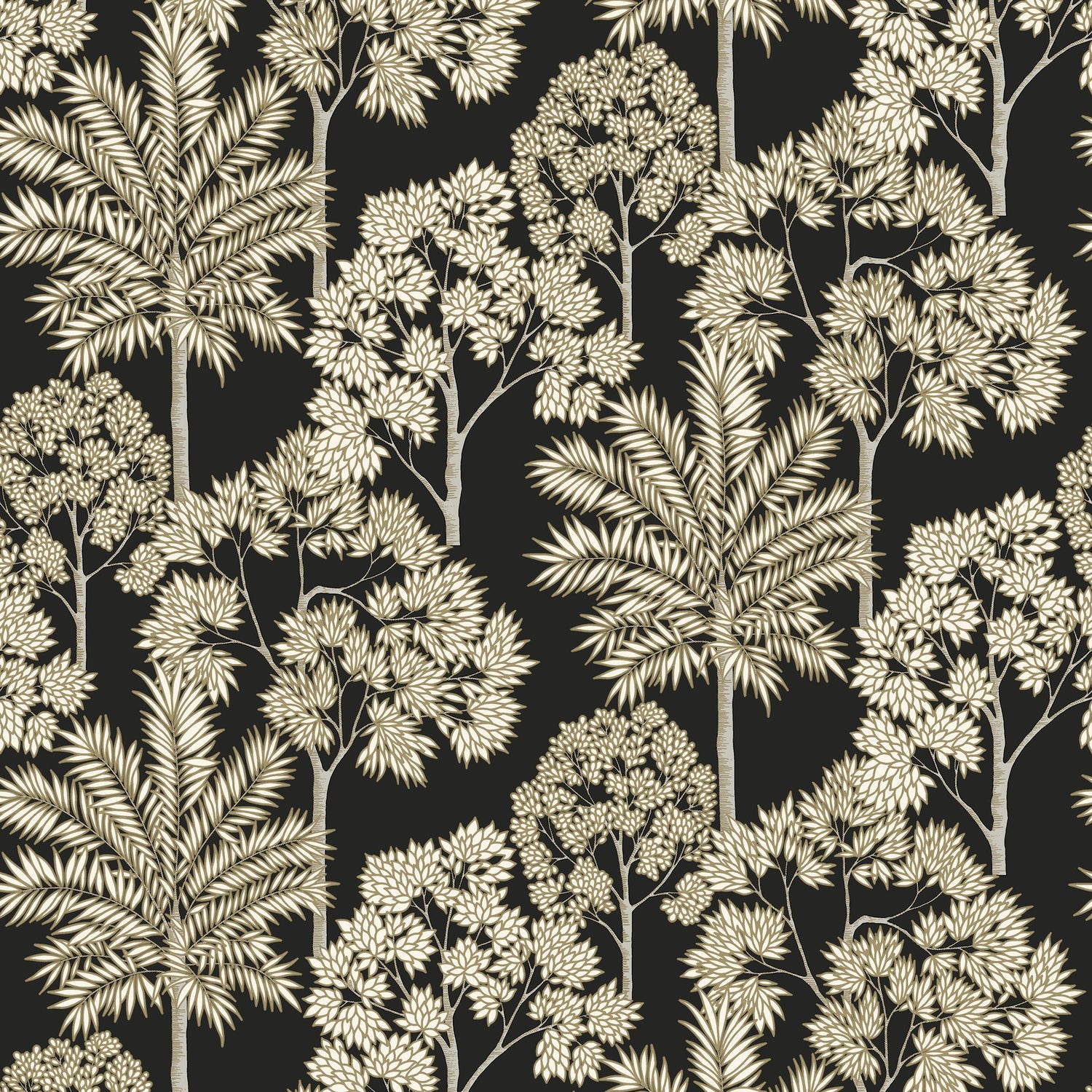 Branched Leaves All-over Wallpaper in black color - pattern number ARA71302 - by Grandeco in the Arcadia collection